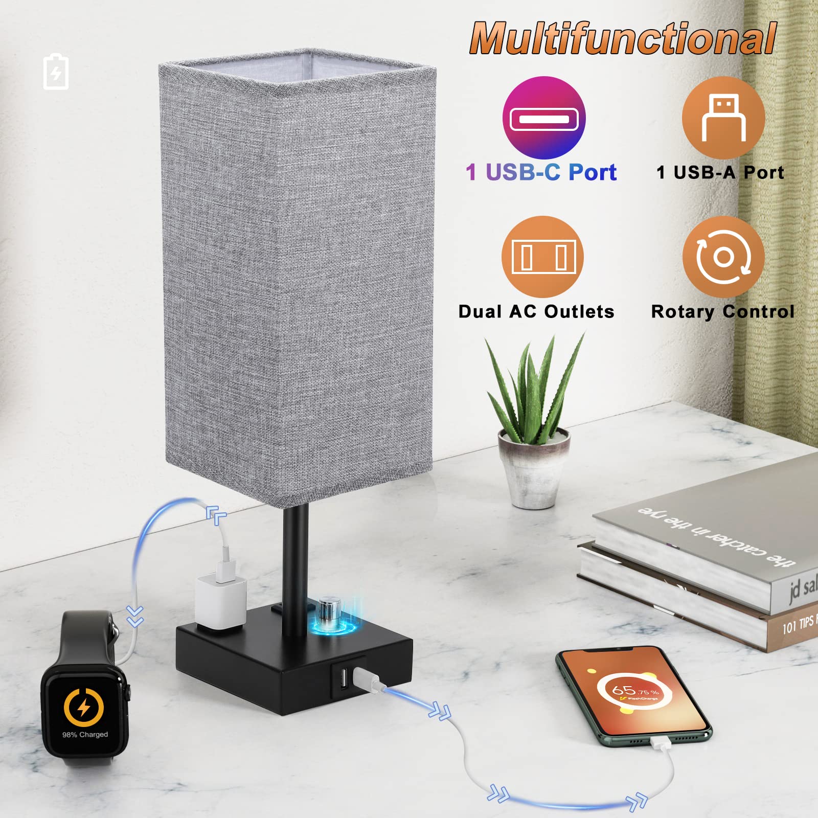 Gray Fully Dimmable Nightstand Lamps Set of 2 - USB C+A Charging & 2 AC Outlets Table Lamps with Linen Shade for Bedroom, Living Room, Office (Bulb Included) | Perfect for Reading, Charging Devices & Creating Cozy Ambience