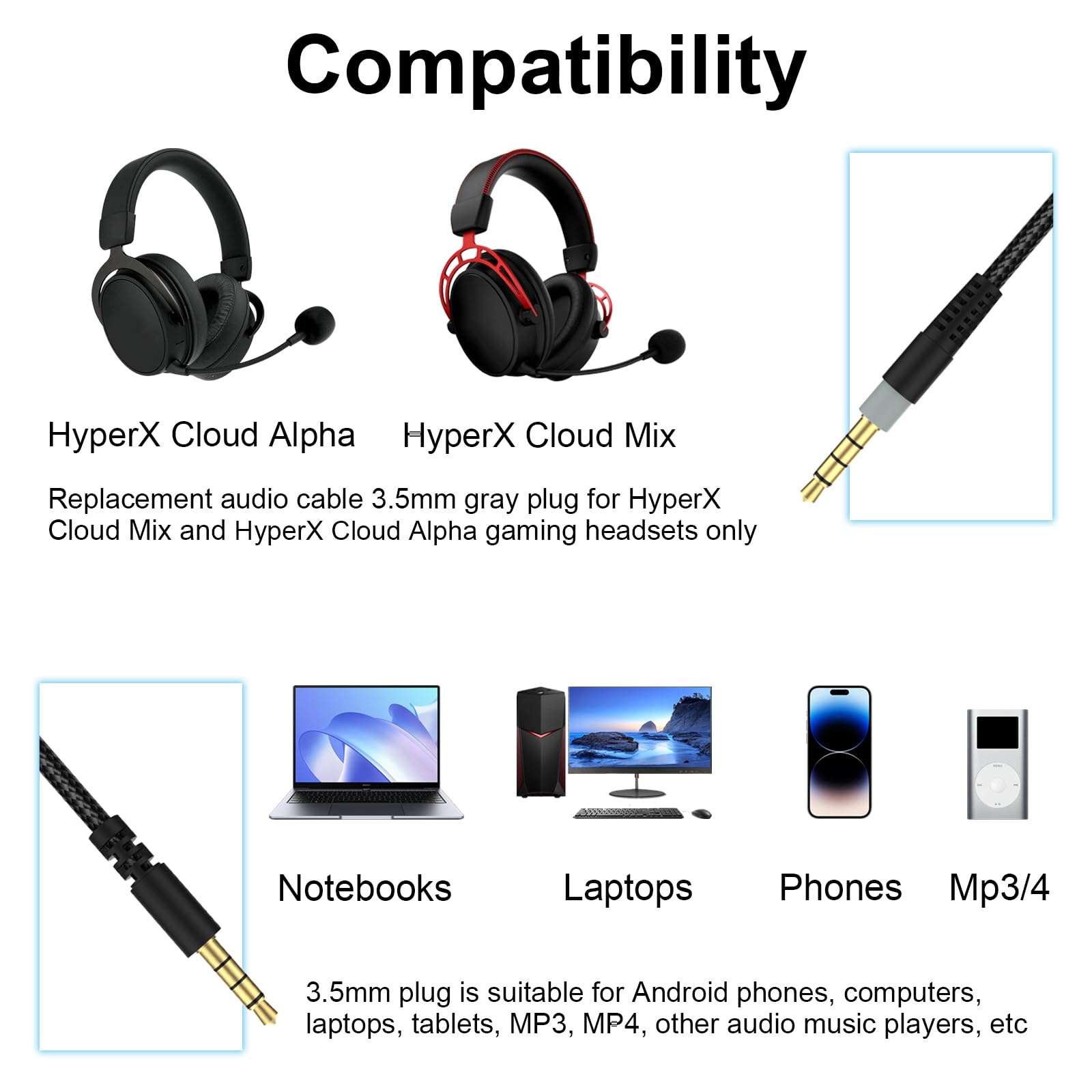 HyperX Cloud Alpha Replacement Cable with Mute & Volume Control - 6.6ft Black Gaming Headset Cord for HyperX Cloud Alpha/Cloud Flight/Cloud Mix & Logitech G933/G633/G935/G635 Headsets - Perfect for PC Gaming & Streaming Setup