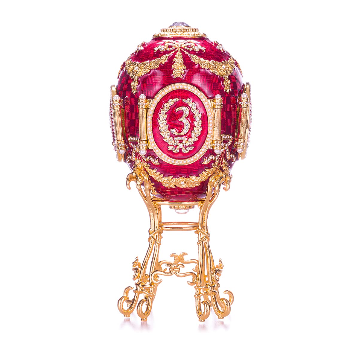 Danila-Souvenirs Faberge Style Caucasus Egg Jewelry Box with Photo Frames - 7.2 Inch (18 cm) Red Handmade Trinket Box - Perfect for Gift Giving, Home Decor & Jewelry Storage