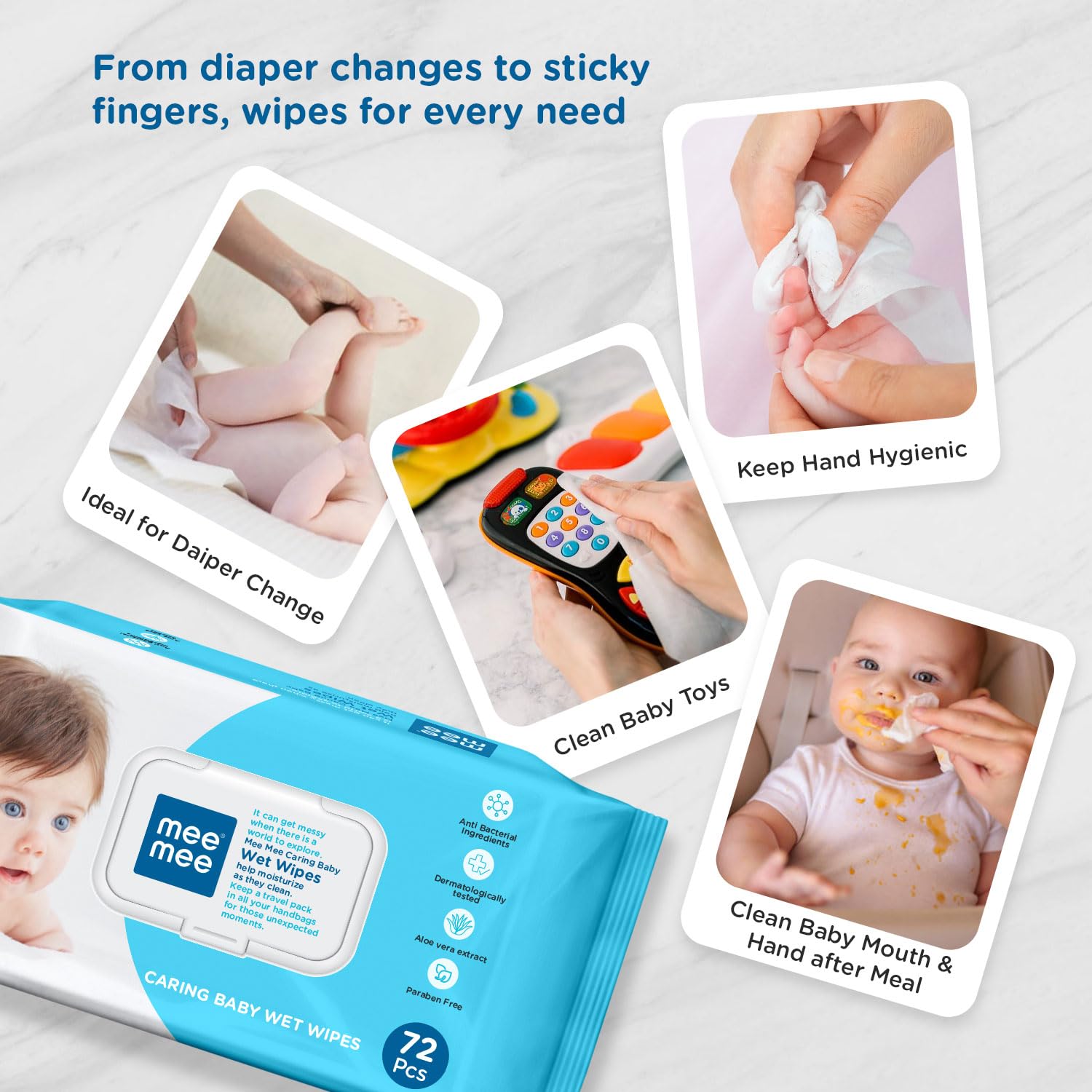 Mee Mee Caring Baby Wet Wipes with Lid - 72 Count (Aloe Vera, 3-Pack) | Gentle & Hypoallergenic for Diaper Changes, Face & Hand Cleaning | Perfect for Travel, Nursery & On-the-Go Use