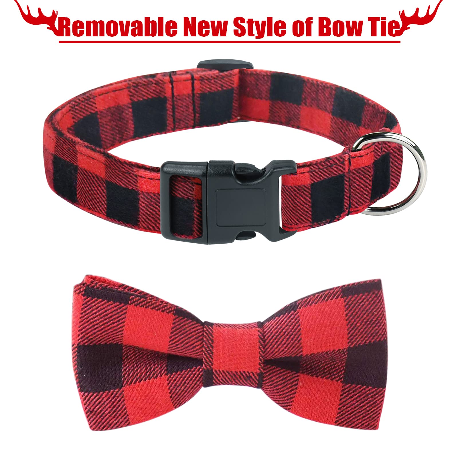 Malier 2 Pack Christmas Dog Collar with Bow Tie - Adjustable Plaid Pet Collar for Small Medium Large Dogs & Cats (Red+Black, Large) | Holiday Pet Accessories for Xmas Parties & Festive Photos