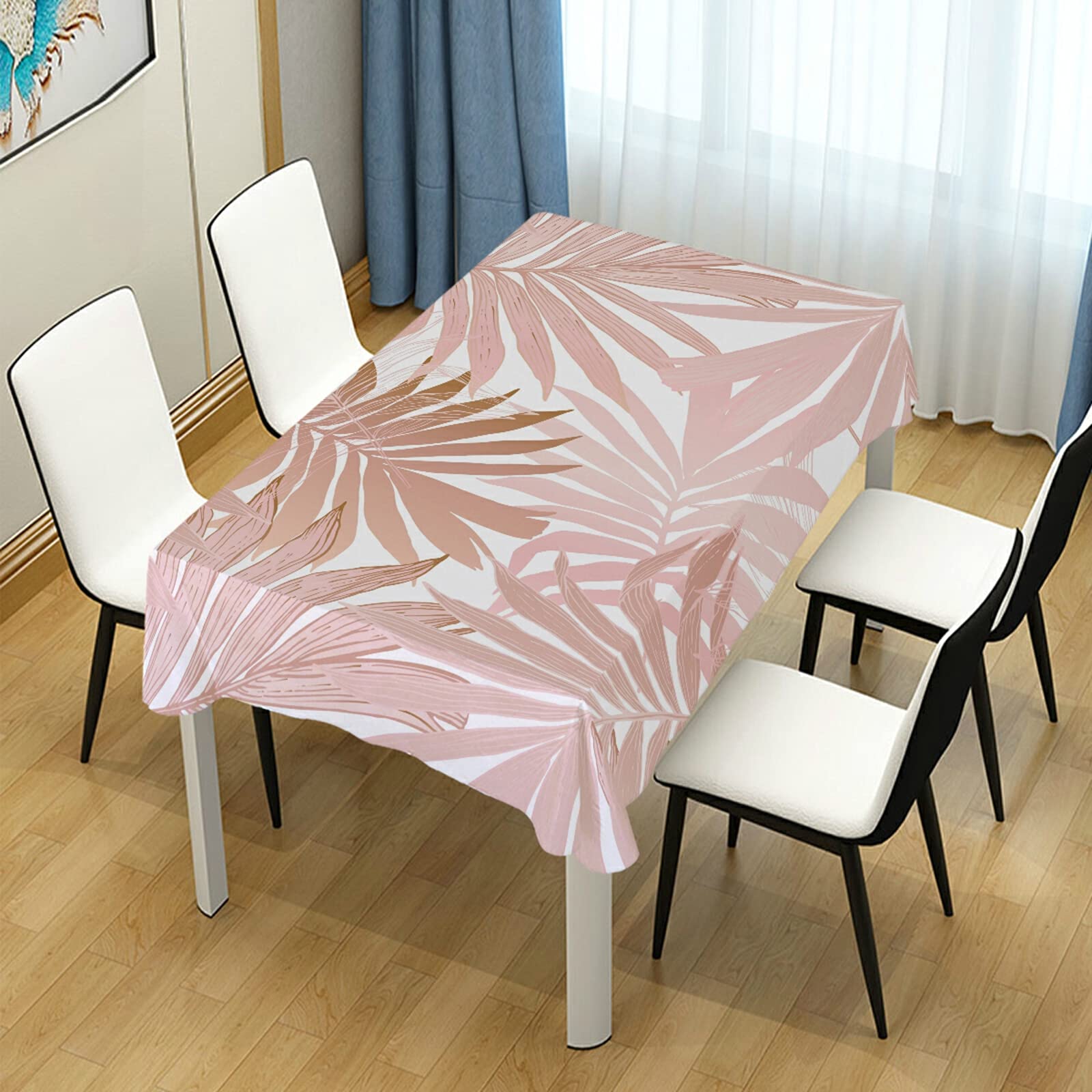 Abstract Tropical Summer Party Tablecloth - Pink Rose & Palm Leaf Design Polyester Table Cover 54x72 Inch for Dining Table Decor | Perfect for Beach Weddings, Luau Parties & Summer Dinners