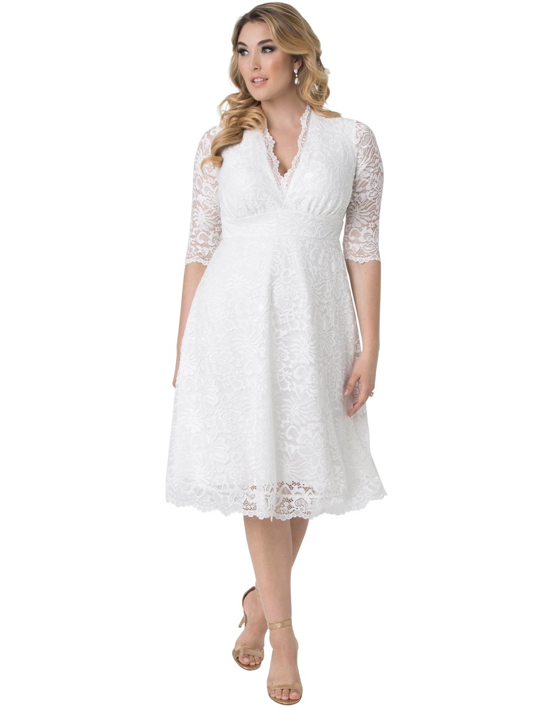 Kiyonna Women's Plus Size Bella Short Ivory Lace Dress - Elegant White Wedding Guest Dress, Bridal Shower Outfit & Graduation Midi Dress for Special Occasions | Perfect for Weddings, Parties & Formal Events