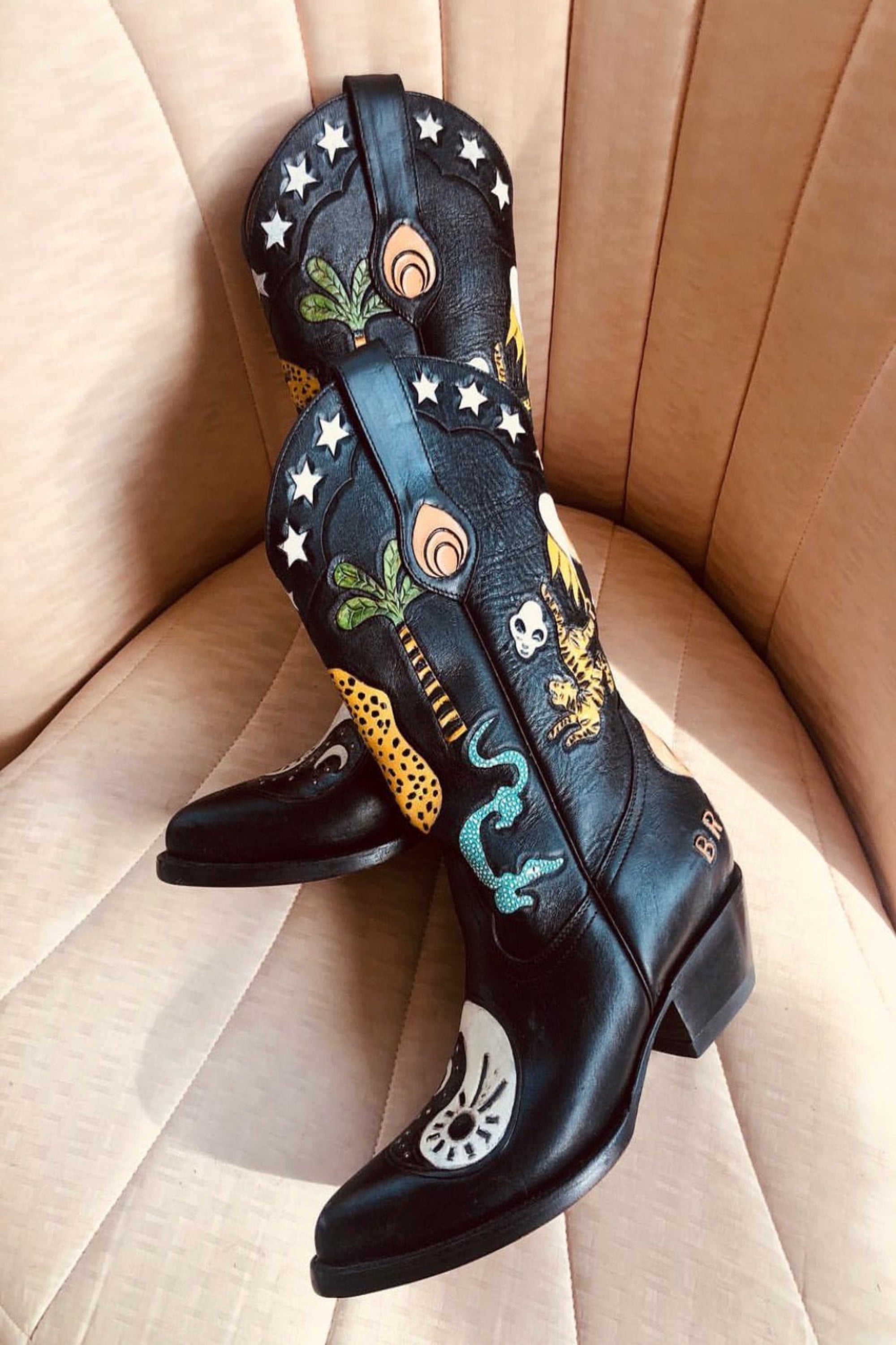 Yin Yang Doodle Cowboy Boots for Women - Western Fashion Booties with Hand-Painted Design - Perfect for Country Music Festivals & Boho Outfits