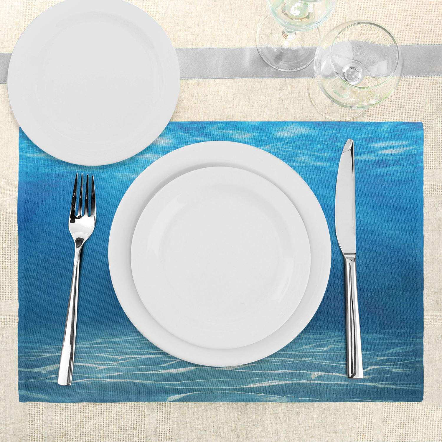 Ambesonne Ocean Placemats Set of 4 - Sun Rays Underwater Scenery Washable Fabric Place Mats for Dining Table, Kitchen Decor in Blue Turquoise | Perfect for Beach House, Coastal Theme Dining, and Ocean-Inspired Home Decor