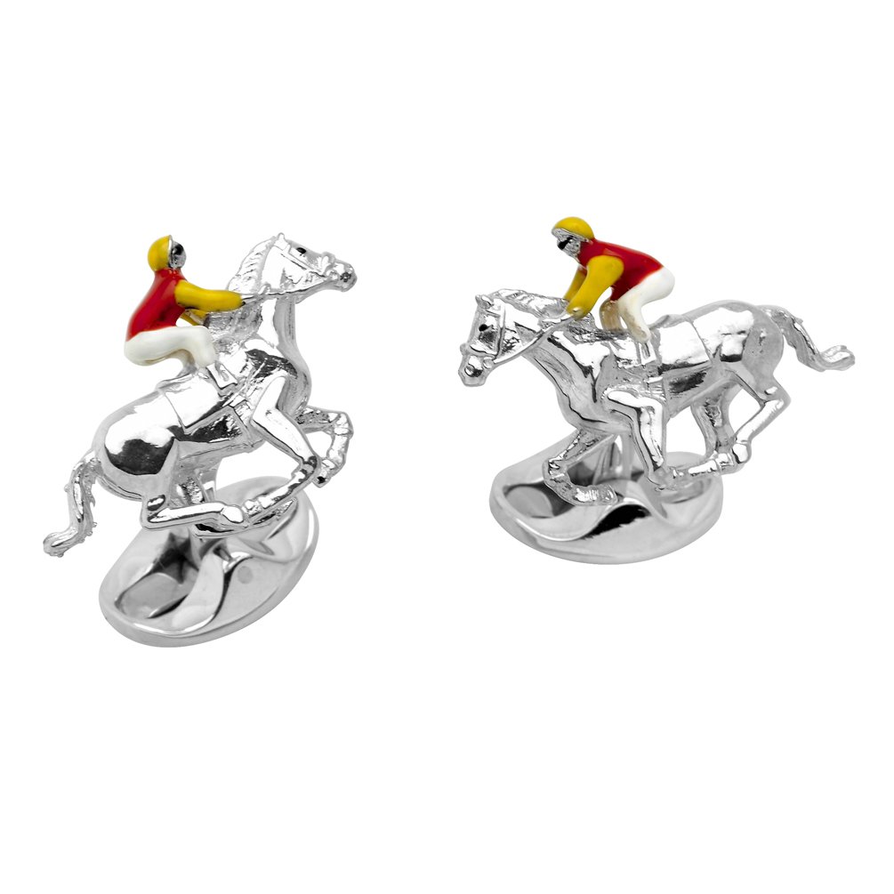 Elegant Sterling Silver Horse & Jockey Cufflinks with Red & Yellow Enamel - Perfect for Equestrian Events, Weddings & Formal Occasions