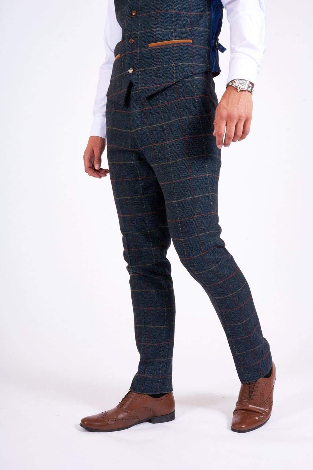 Marc Darcy Eton Men's Blue Slim Fit Tweed Check Suit Pants - Formal Office Wear & Wedding Attire for Stylish Gentlemen