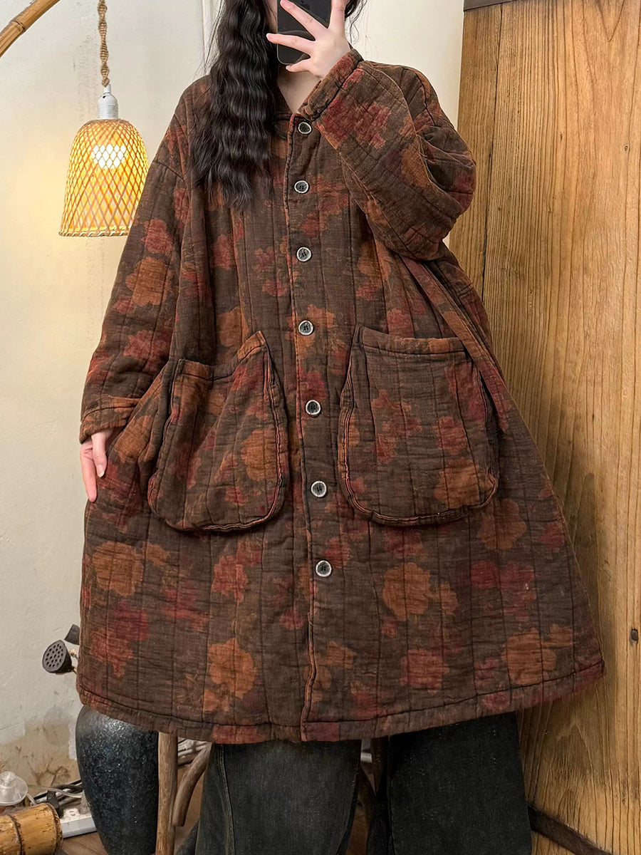 Vintage Floral Padded Long Coat for Women - Retro Button Up Winter Jacket - Perfect for Autumn Fashion, Outdoor Activities & Casual Wear