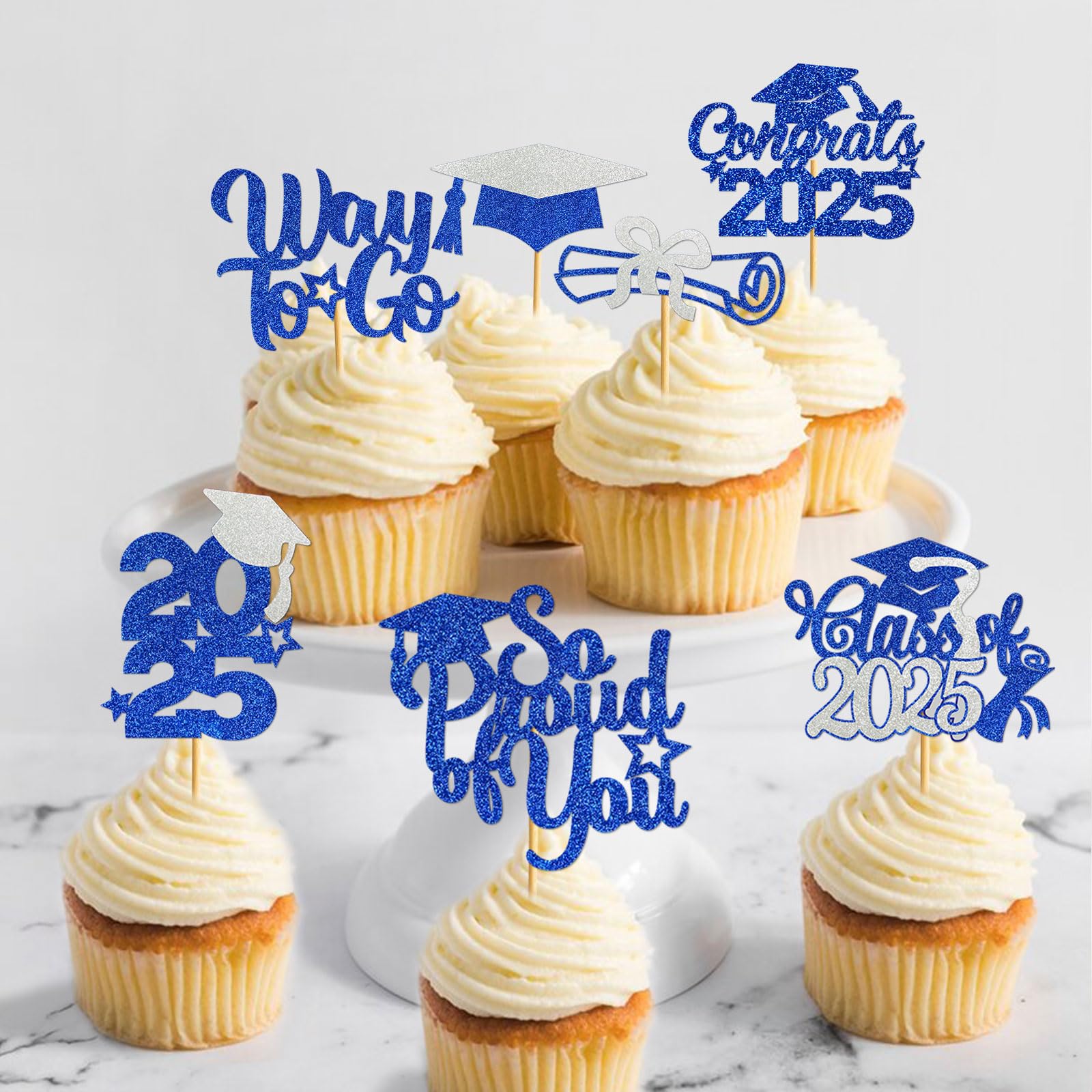 40Pcs Graduation Cupcake Toppers 2025 - Class of 2025 Decorations, Congrats Grad Party Supplies, Blue Silver Cake Toppers for Graduation Ceremony & Celebration