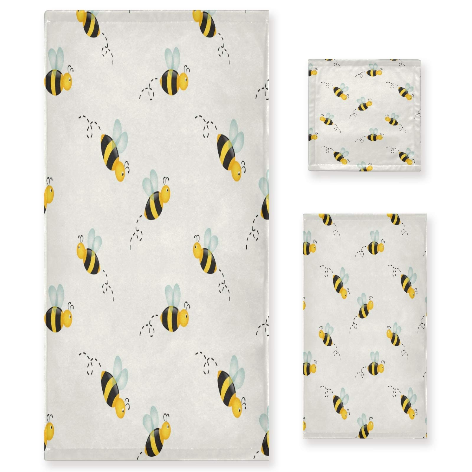 Cute Little Bee Bath Towel Set - Luxury 3-Piece Bathroom Set (Bath Towel, Hand Towel & Washcloth) | Ultra Soft & Absorbent for Bathroom, Hotel, Gym, Yoga & Spa | Adorable Animal Theme Home Decor