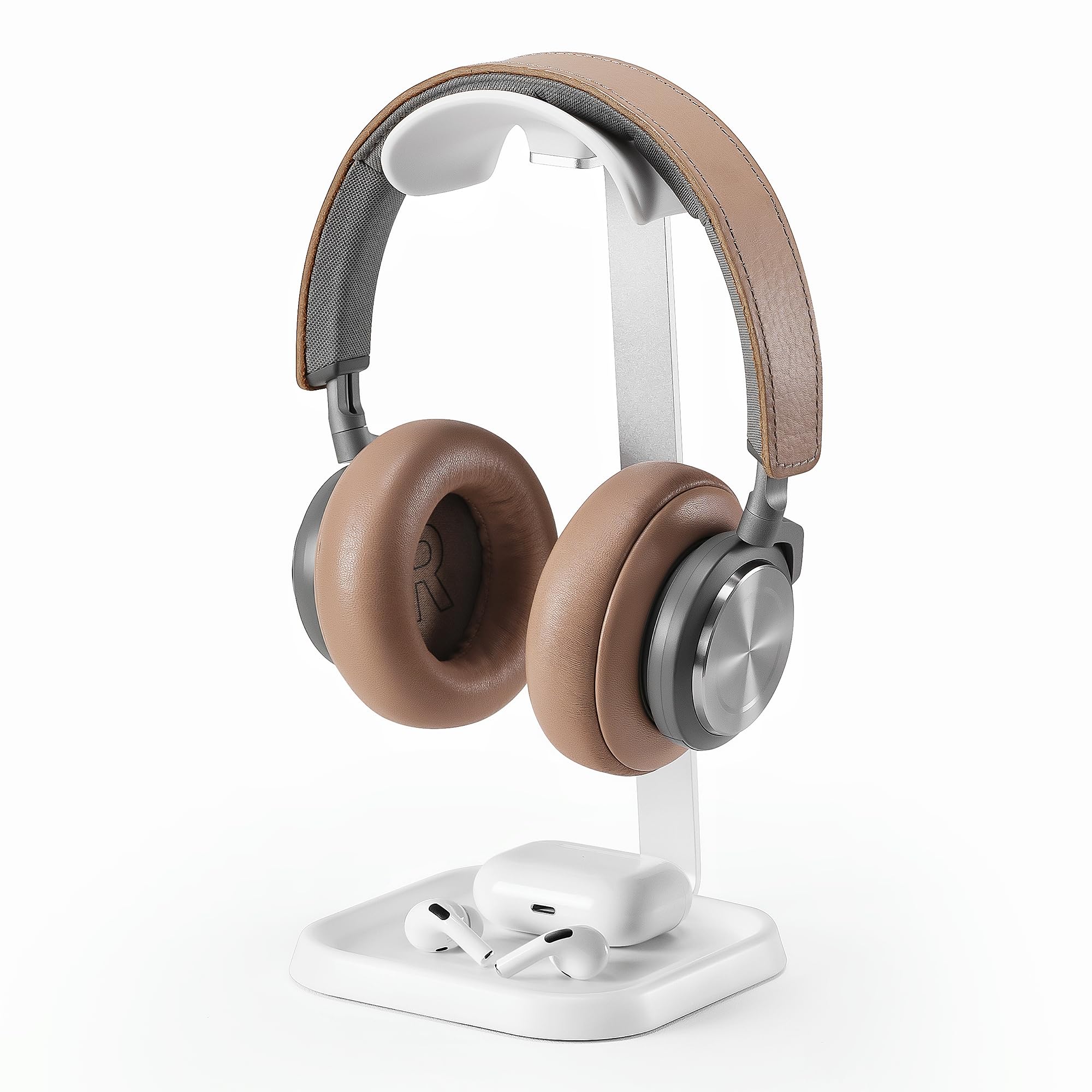 Premium Curved Headphone Stand with Storage Tray - Universal Gaming Headset Holder for AirPods Max/Pro, Beats, Bose, Sony & More - Space-Saving Desk Organizer for Home Office & Gaming Setup (White)