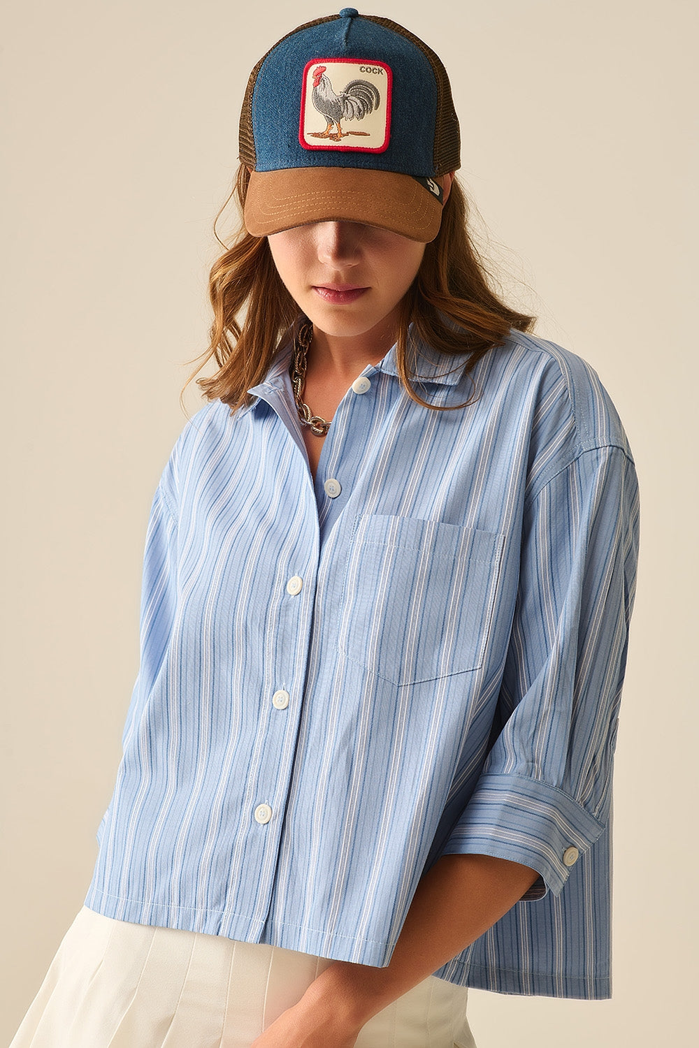 Oversized Cropped Striped Shirt Women's Blue & White Casual Summer Top - Perfect for Beach Outings, Street Style & Layered Looks