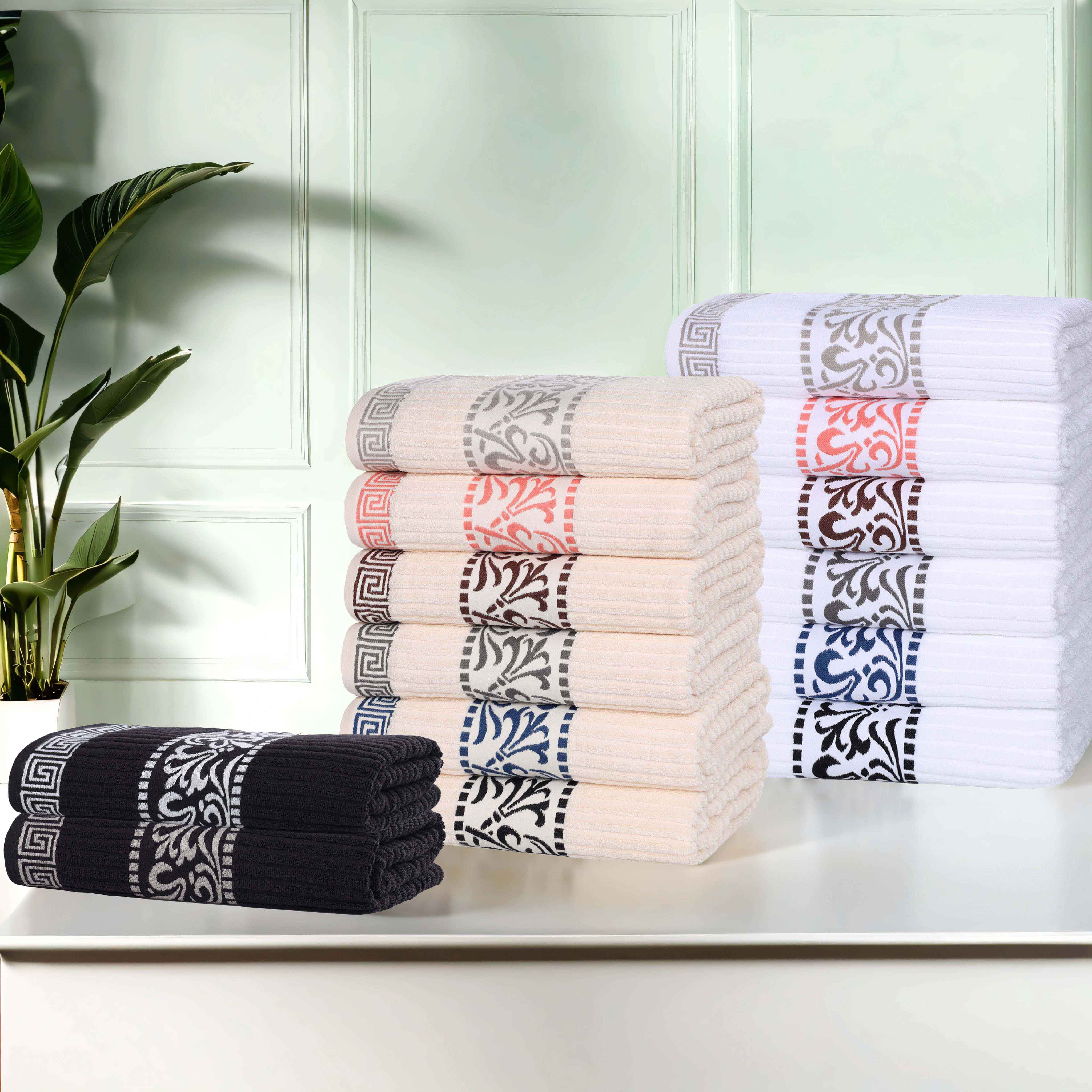 Premium Athens Cotton Greek Scroll & Floral 4-Piece Bath Towel Set - Soft & Absorbent for Spa, Bathroom & Guest Room Decor