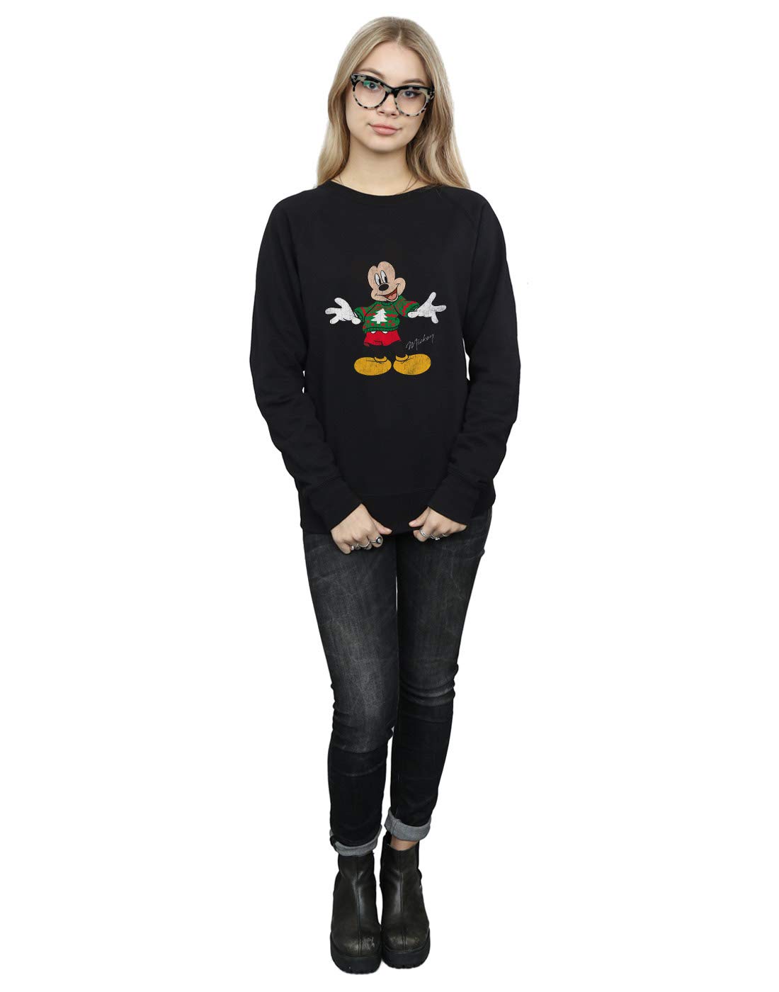 Disney Women's Mickey Mouse Christmas Sweatshirt - Large Black Holiday Pullover for Xmas Parties & Family Gatherings