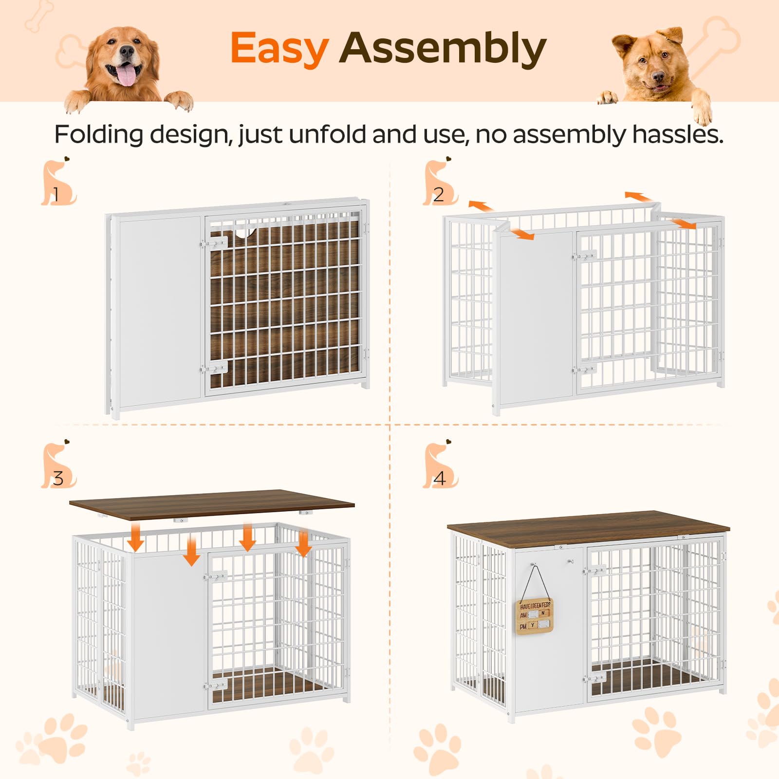 Foldable Dog Crate Furniture - Heavy Duty Wooden Dog Kennel with DIY Frame & Hooks - Indoor Dog Cage End Table for Small & Medium Dogs (White/Walnut) - Perfect for Living Rooms, Bedrooms & Pet-Friendly Spaces