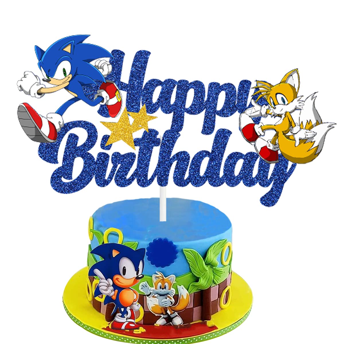 GOGOPARTY Blue Happy Birthday Cake Topper - Cute Cartoon Cake Decorations for Birthday Parties - Glitter Cake Topper for Birthday Cakes - Perfect for Kids Birthday, Baby Shower & Celebration Decorations