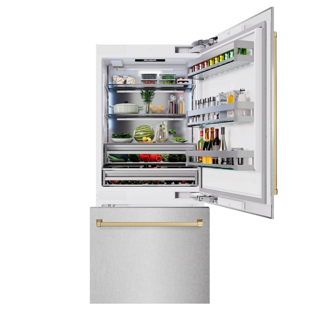 ZLINE Autograph Edition 36 Inch Built-In Bottom Freezer Refrigerator - 19.8 cu.ft Capacity with Water Dispenser & Ice Maker - Satin Stainless Steel with Champagne Bronze Accents (RBITZ SN 36 CB) - Perfect for Modern Kitchens, Open-Concept Homes & Luxury Appliances Collection