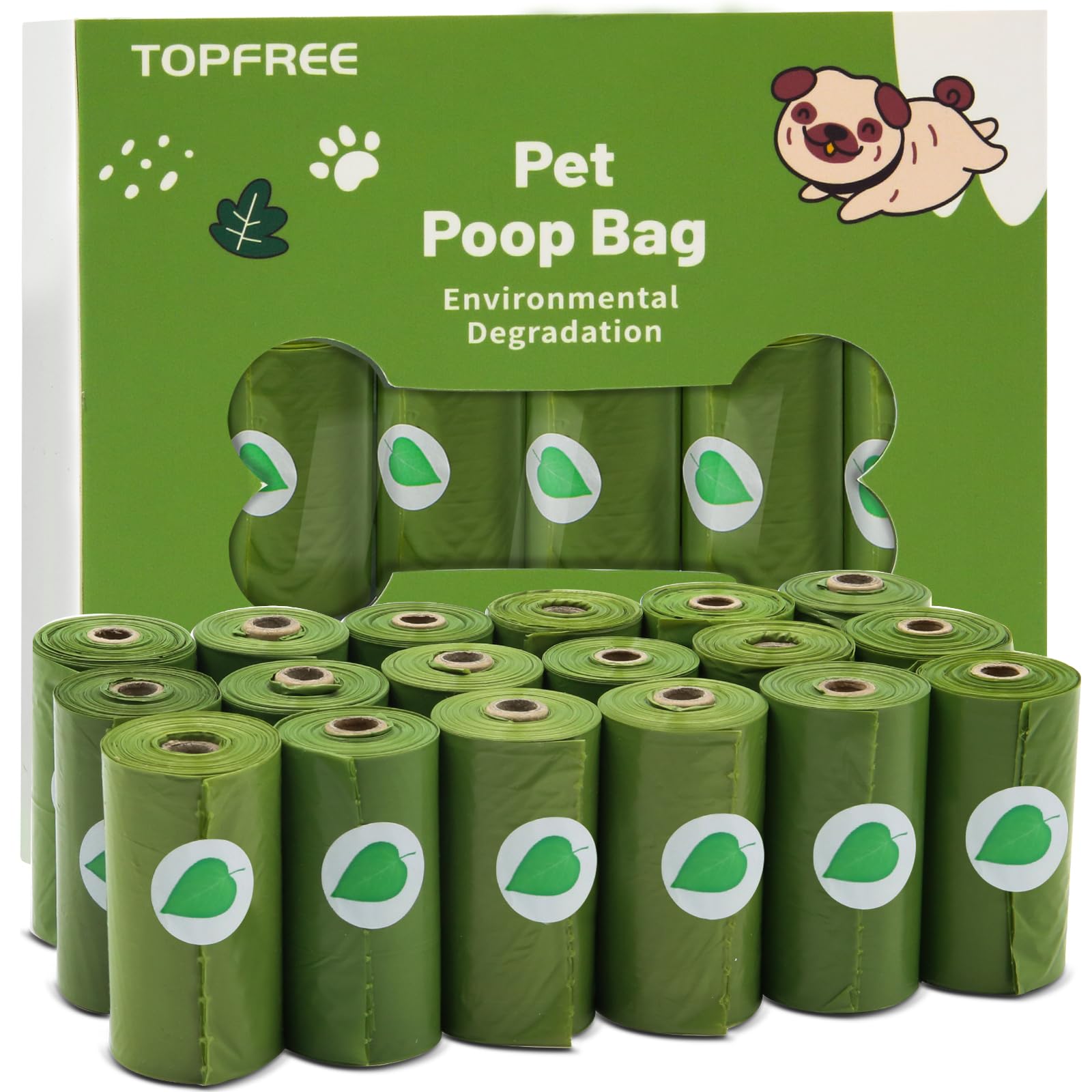 Topfree Biodegradable Dog Poop Bags - 18 Rolls (270 Count) | Super Strong & 100% Leak Proof | Eco-Friendly Pet Waste Bags for Dogs, Puppies & Cats | Perfect for Walking, Hiking & Park Cleanup