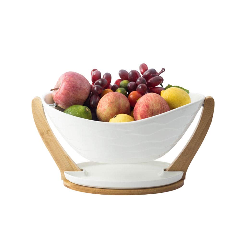 Premium Ceramic Fruit Bowl Set - Nordic Style Bamboo Tray with Drainable Base, Multi-Functional Kitchen Fruit Storage Basket & Decorative Serving Platter | Perfect for Dining Table Centerpiece, Fruit Display, and Party Snack Serving