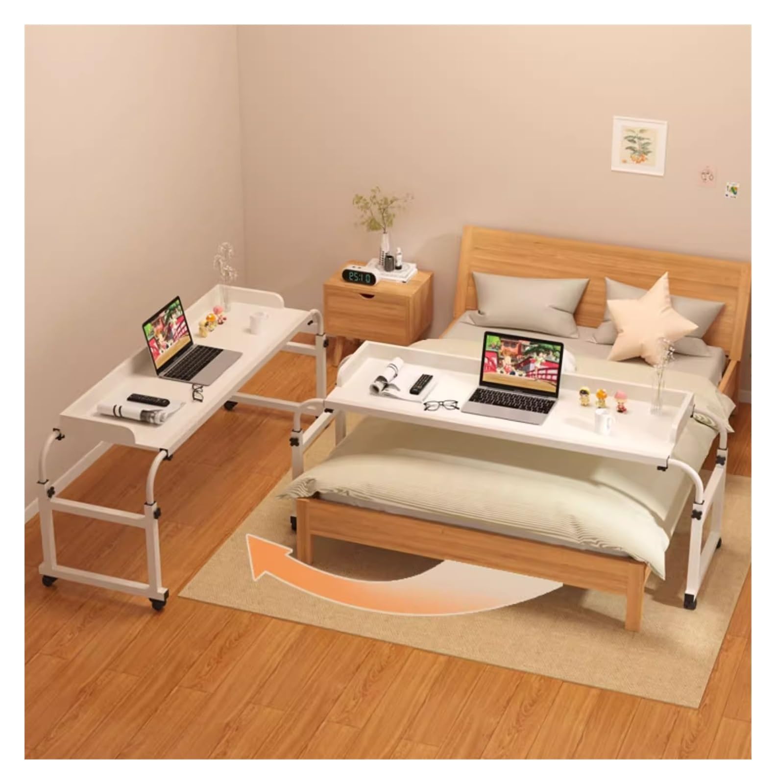 Adjustable Overbed Table with Wheels - Extendable Rolling Bedside Table, Height & Length Adjustable Laptop Desk for Home Office, Hospital & Dorm Use - Mobile Workstation (Black, 55.1