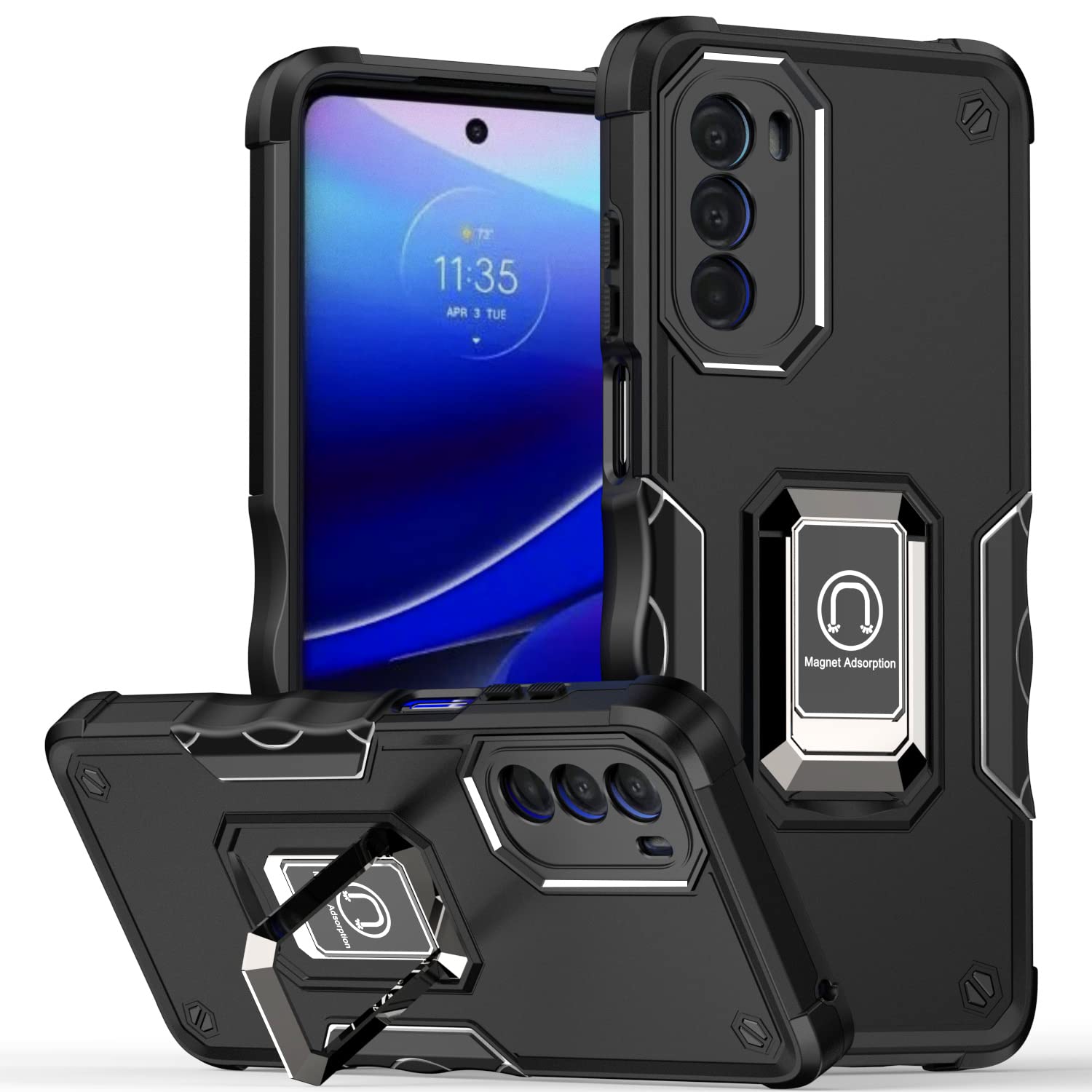 Shockproof Protective Phone Case with Ring Stand for Motorola Moto G Stylus 5G (2022) XT2215 - Durable RS6 Black Case - Perfect for Work, Travel & Everyday Use