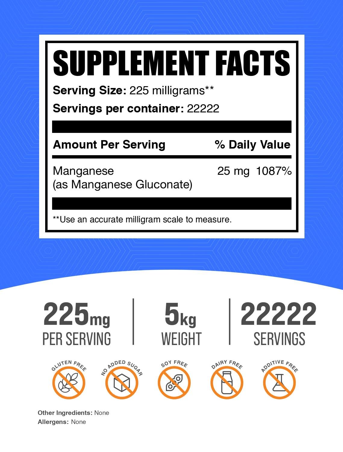 BulkSupplements Manganese Gluconate Powder 5kg (11 lbs) - High Absorption Manganese Supplement, Essential Trace Mineral, Gluten Free, 225mg per Serving - Supports Bone Health, Metabolism & Immune System - Ideal for Athletes, Vegans & Health Enthusiasts