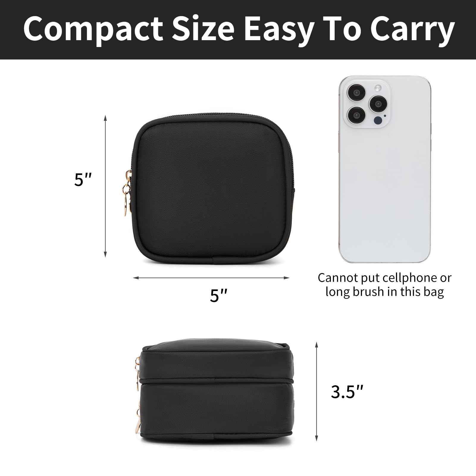 Small Double Zipper Makeup Pouch - Travel Cosmetic Bag & Mini Toiletry Organizer for Purse (Black) | Perfect for On-the-Go Touchups, Gym Essentials & Weekend Getaways