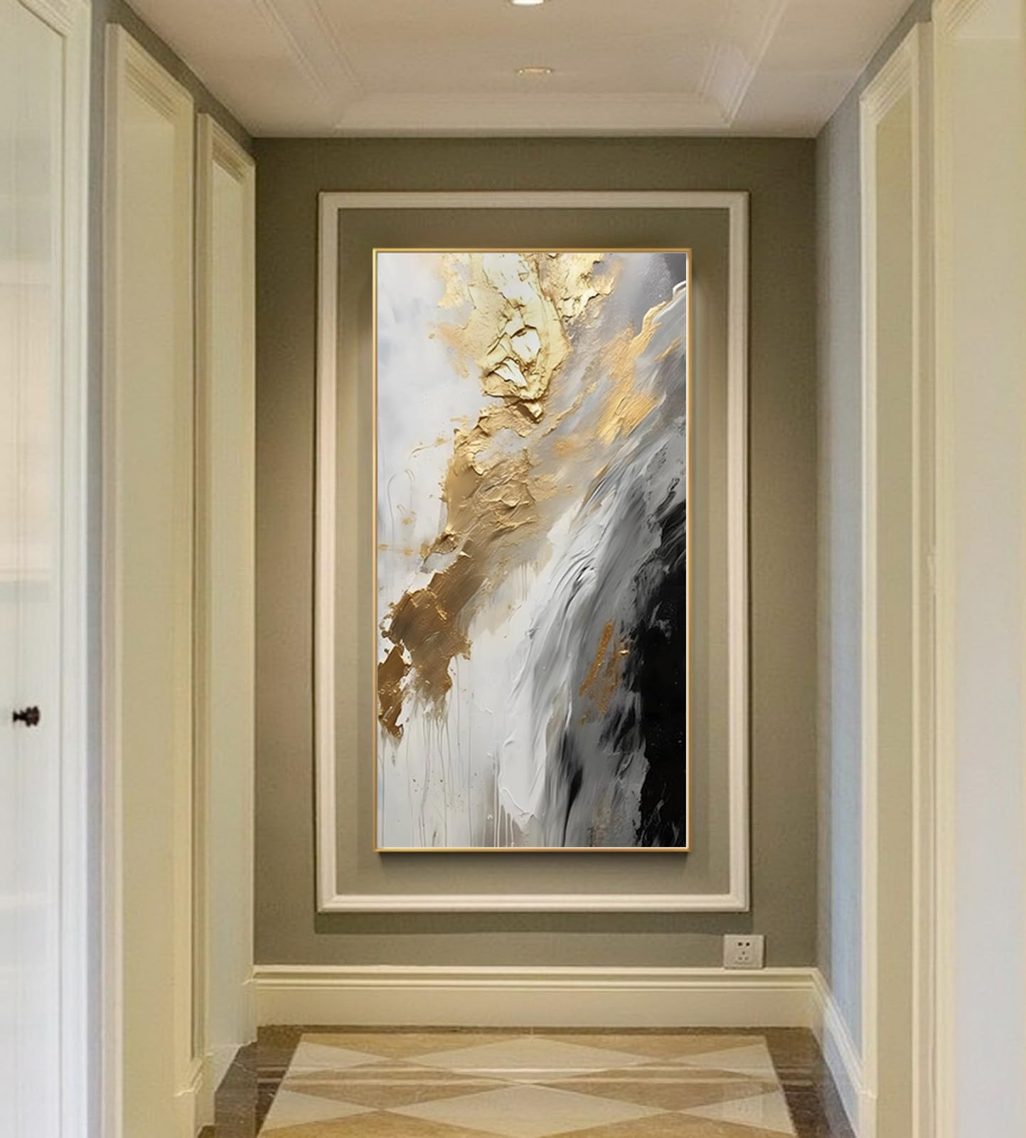 Hand-Painted Gold Abstract Oil Painting on Canvas - Framed White & Black Wall Art (24x48 Inch) for Living Room, Bedroom, Kitchen & Entrance Hall Decor | Large Modern Home Decoration Picture for Wall Display & Interior Design