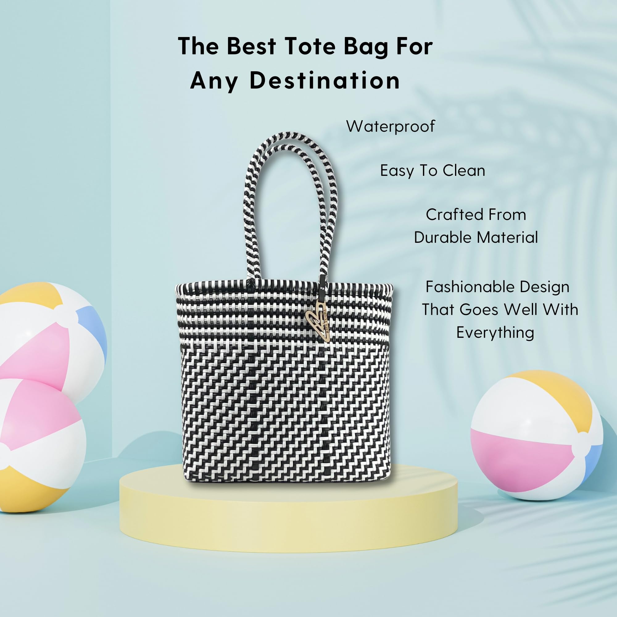 MARIA VICTORIA Handwoven Plastic Mexican Tote Bag - Medium Size Women's Beach Bag, Eco-Friendly Shopping Bag & Everyday Purse for Work, Travel & Groceries