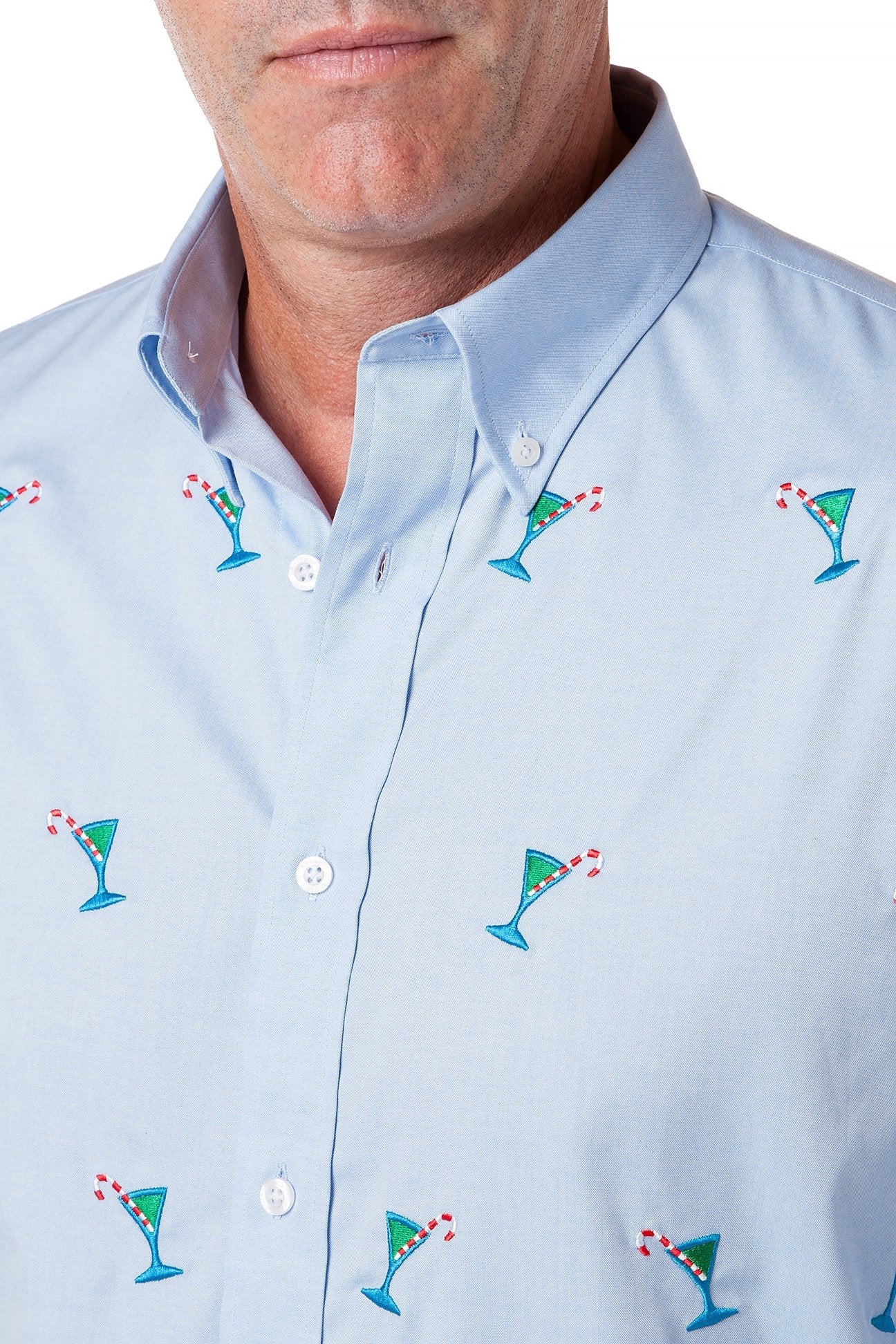 Straight Wharf Men's Blue Oxford Shirt with Martini Candy Cane Print | Casual Button Down Shirt for Office, Party & Holiday Wear
