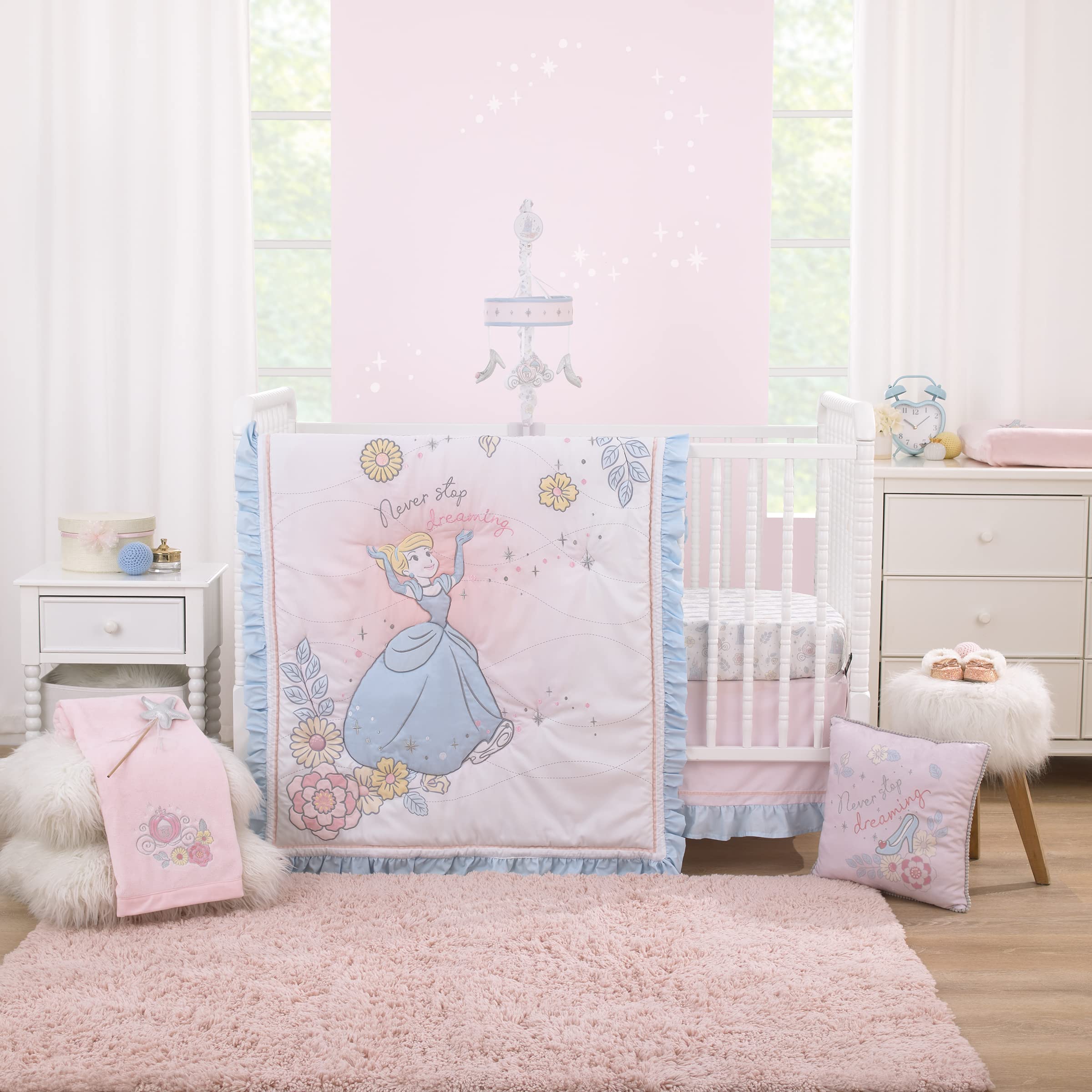 Disney Cinderella 3-Piece Nursery Crib Bedding Set - Light Blue Pink White Comforter, 100% Cotton Fitted Sheet & Crib Skirt | Sweet Princess Theme Baby Girl Room Decor for Newborns & Toddlers