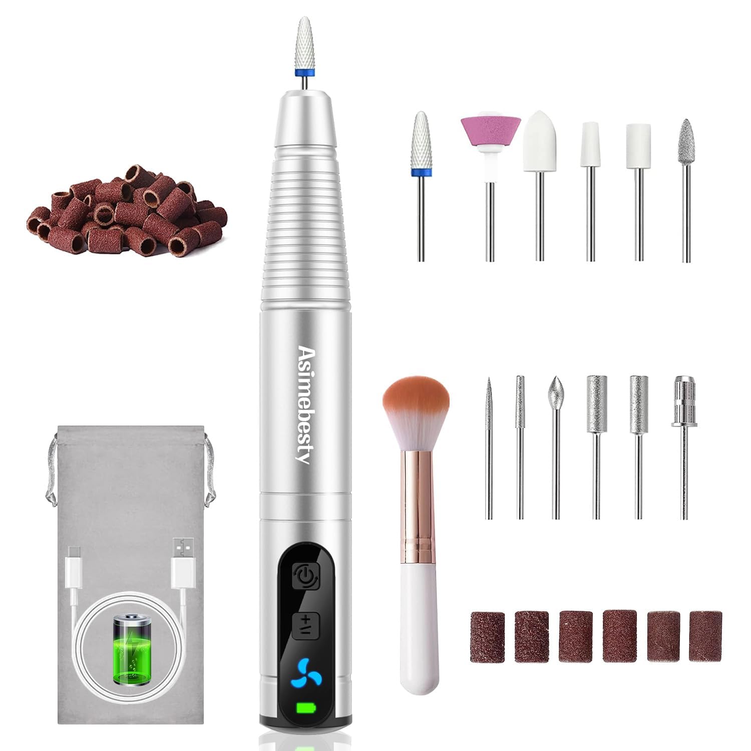 Asimebesty Cordless Electric Nail Drill & Buffer - 20000RPM Professional Nail File Kit for Acrylic/Gel Nails Removal, 12-in-1 Portable Manicure Set with Accessories - Perfect for Home Salon, Nail Art Beginners & Professional Use