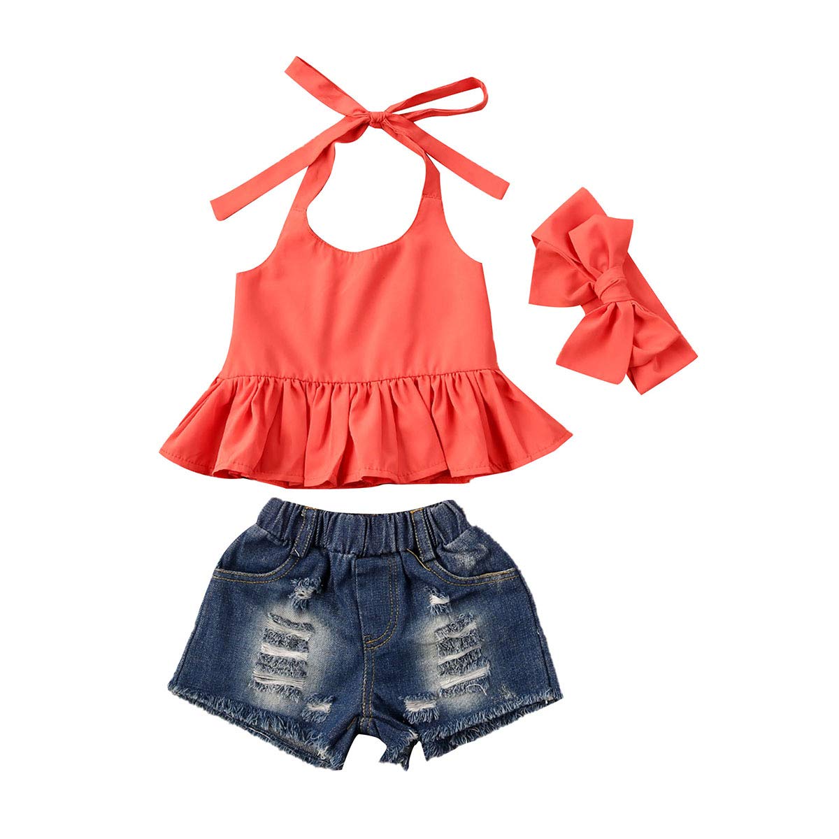 Cute Toddler Baby Girl Summer Outfits - Sleeveless Ruffle Top & Ripped Denim Shorts Set with Headband | Perfect for Beach, Playdates & Summer Photoshoots