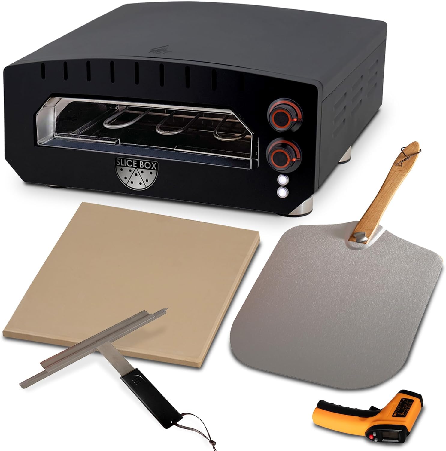 Slice Box Outdoor Electric Pizza Oven - 750°F Countertop Pizza Maker with Digital Thermometer, Pizza Stone & Peel Included - Perfect for Backyard Parties, Camping & Home Cooking