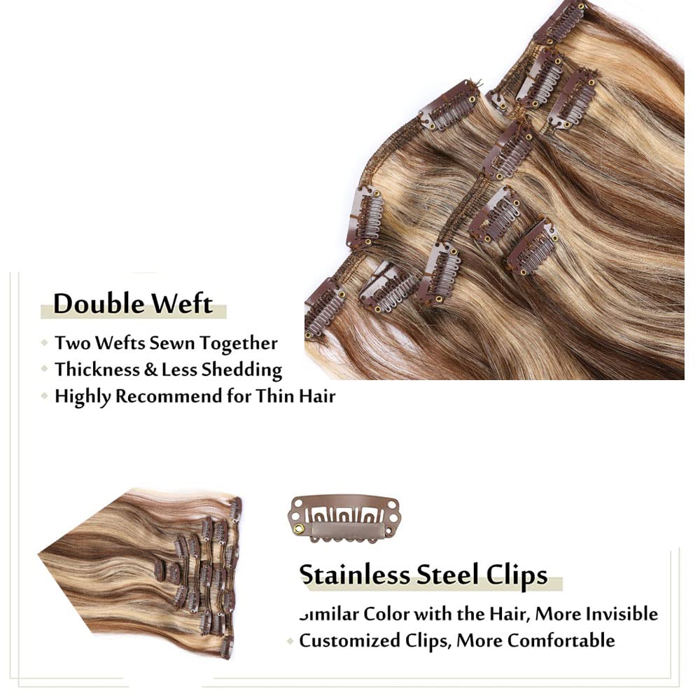 Clip-In Human Hair Extensions 15 Inch - 100% Remy Real Human Hair, Ombre Balayage Ash Blonde to Golden Blonde & Brown Highlights, Straight 70g - Perfect for Parties, Weddings & Everyday Volume Boost