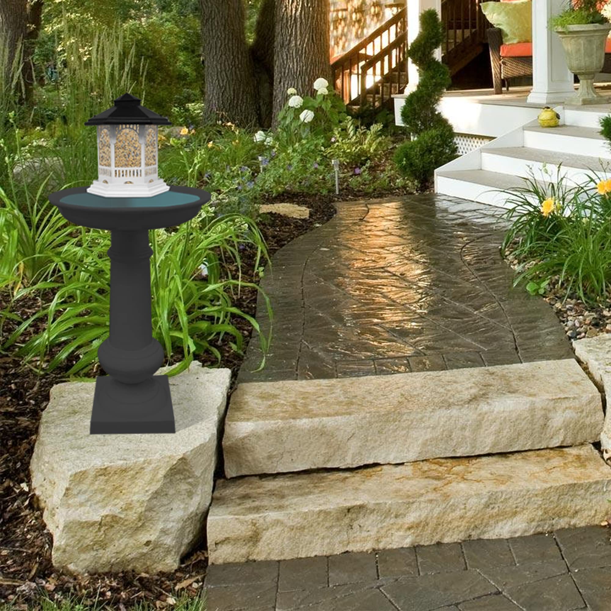 Modern 40-inch Round Black Cast Aluminum Bird Bath and Feeder Combo - Durable Outdoor Garden Decor for Attracting Birds