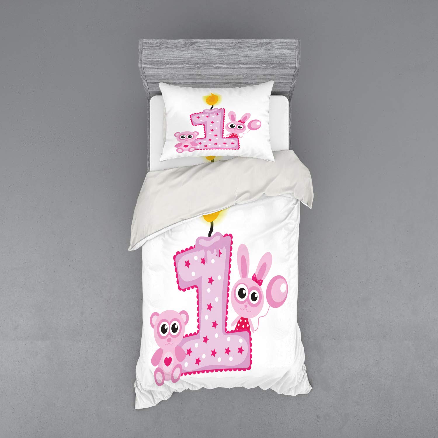 Ambesonne 1st Birthday Bedding Set for Girls - Cute Bunny & Bear Animals Print, 3-Piece Twin Size Duvet Cover with Sham & Fitted Sheet in Hot Pink & Lilac - Perfect for Baby Showers, Nursery Decor & First Birthday Party Themes