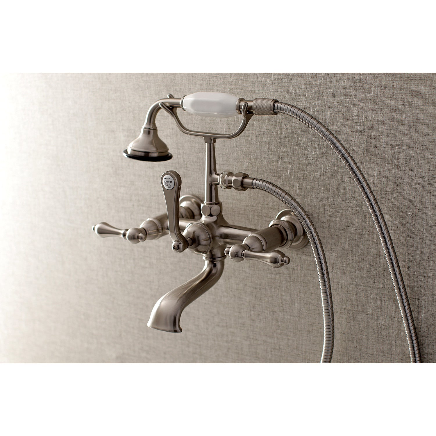Vintage Style Aqua AE551T8 3-Handle Wall Mount Clawfoot Bathtub Faucet with Hand Shower in Brushed Nickel - Perfect for Classic Bathroom Renovations & Spa-Like Showers
