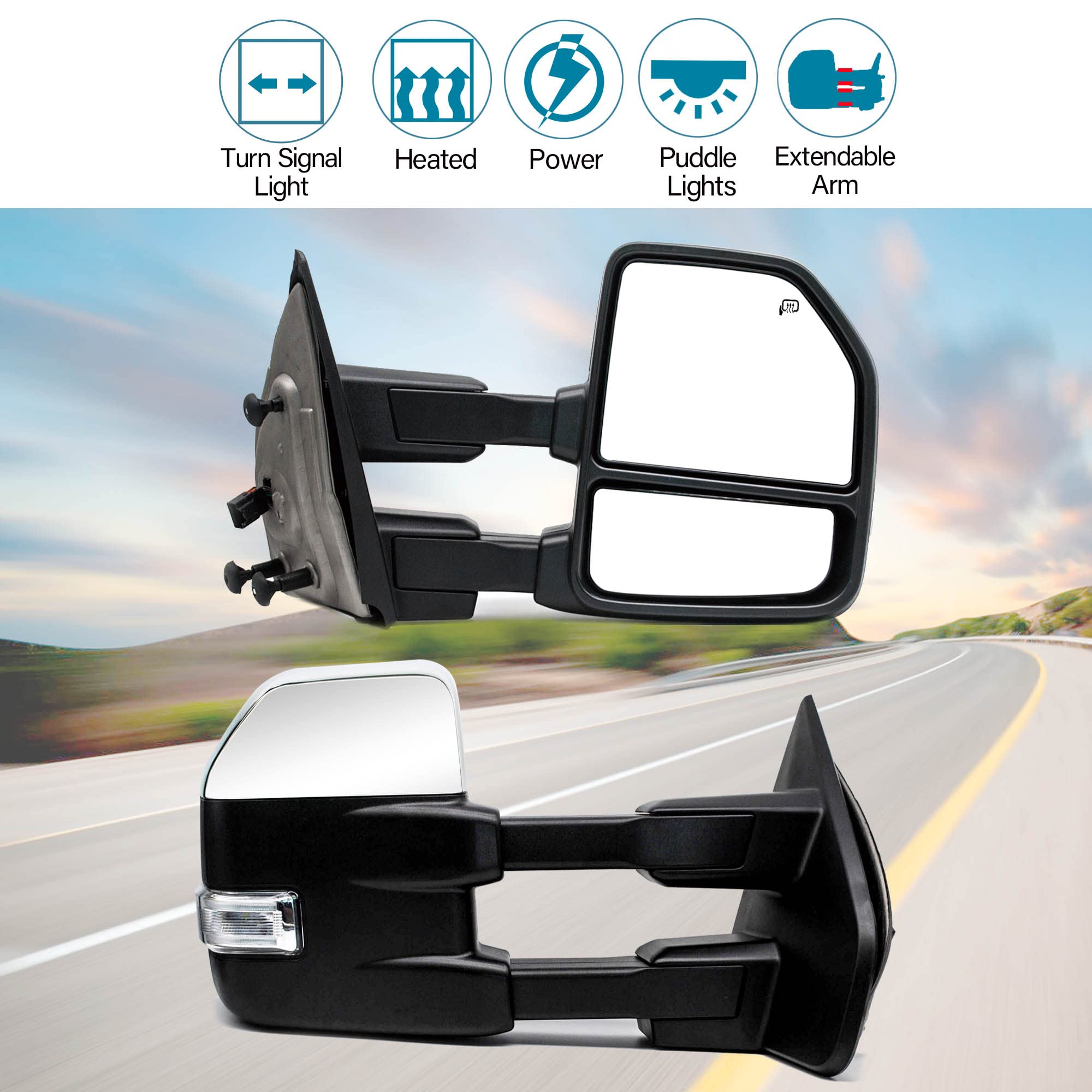 BOOLEE Power Heated Towing Mirrors with LED Turn Signal & Puddle Lights - Manual Folding Chrome Cap for 2004-2014 Ford F150 Pickup Truck (Driver & Passenger Side) - Perfect for Towing, Off-Roading & Night Driving