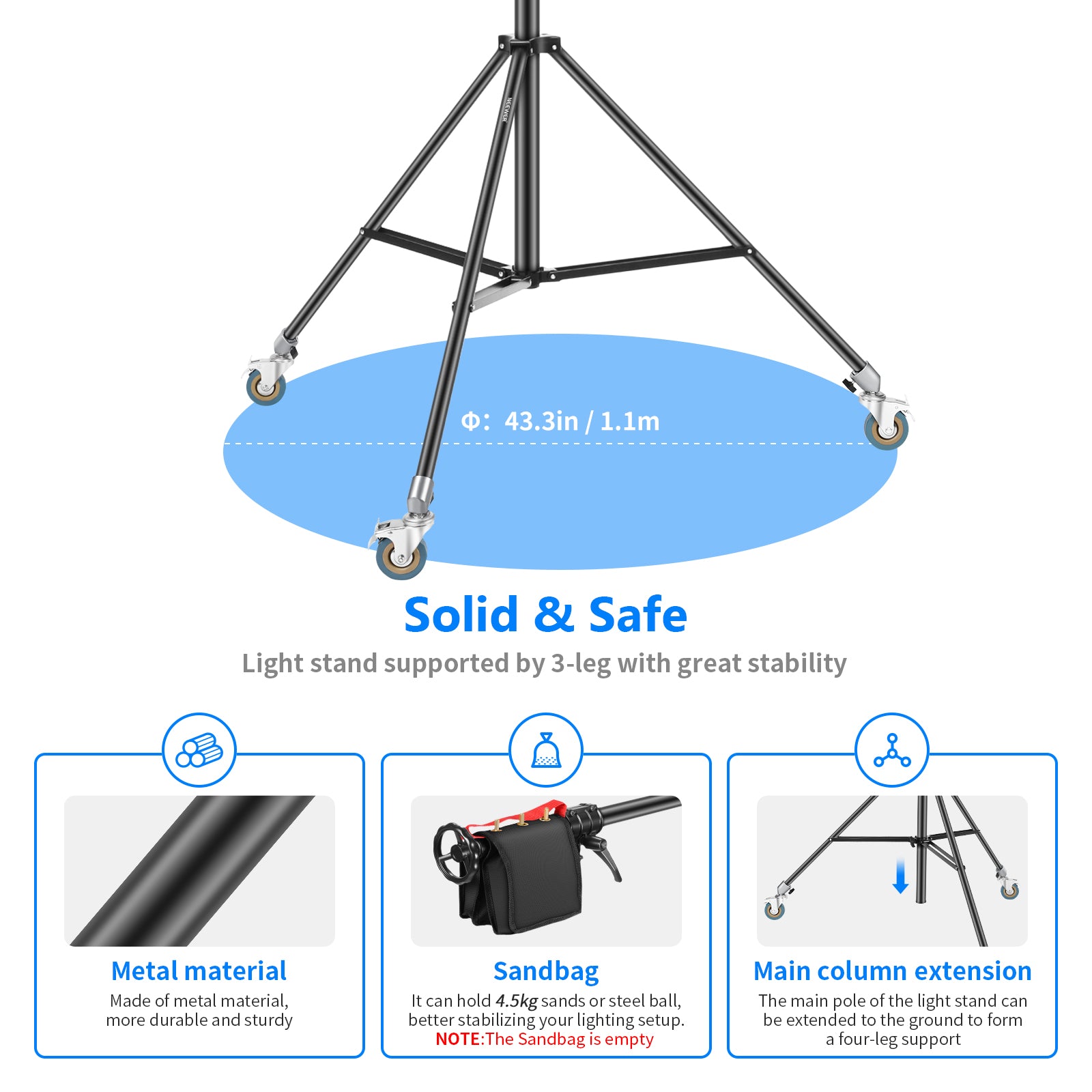NEEWER 240cm Heavy Duty Wheeled Base Light Stand - Professional Photography Lighting Stand for Studio, Video Shooting, and Outdoor Events