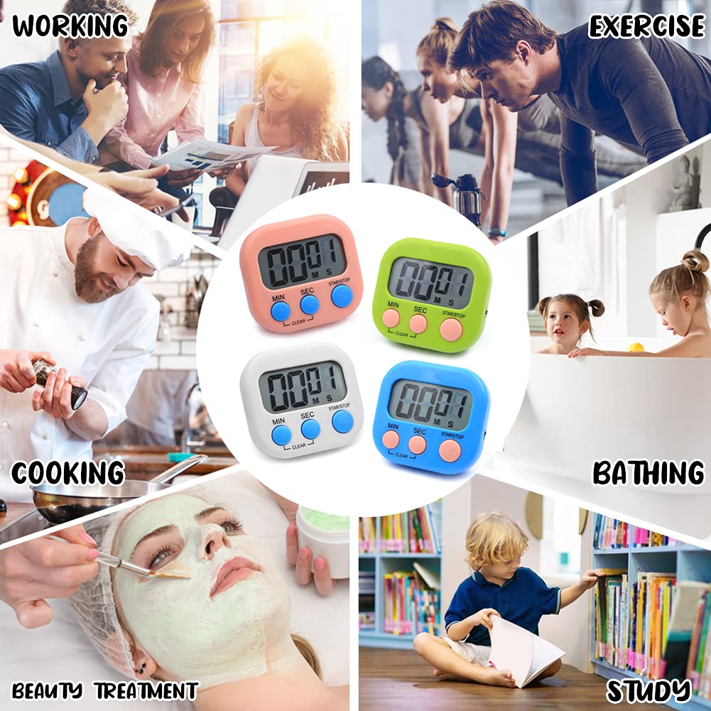 4-Pack Magnetic Digital Kitchen Timer with Loud Alarm - Colorful Countdown Stopwatch for Cooking, Boiling Eggs, Shower, Toothbrushing | Perfect for Home, Classroom, Gym & Kids Activities