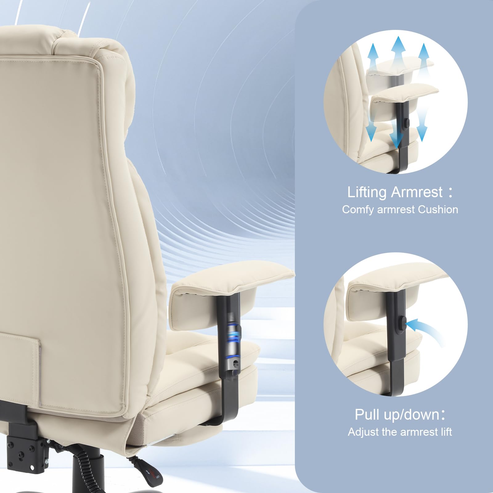 Heavy Duty Big and Tall Office Chair 400LBS Capacity - Extra Wide Seat High Back Ergonomic Executive Reclining Chair with Adjustable Footrest, PU Leather Gaming Desk Swivel Chair with Wheels, Lumbar Support & Armrests - Perfect for Home Office, Gaming Setup and Conference Rooms (Beige)
