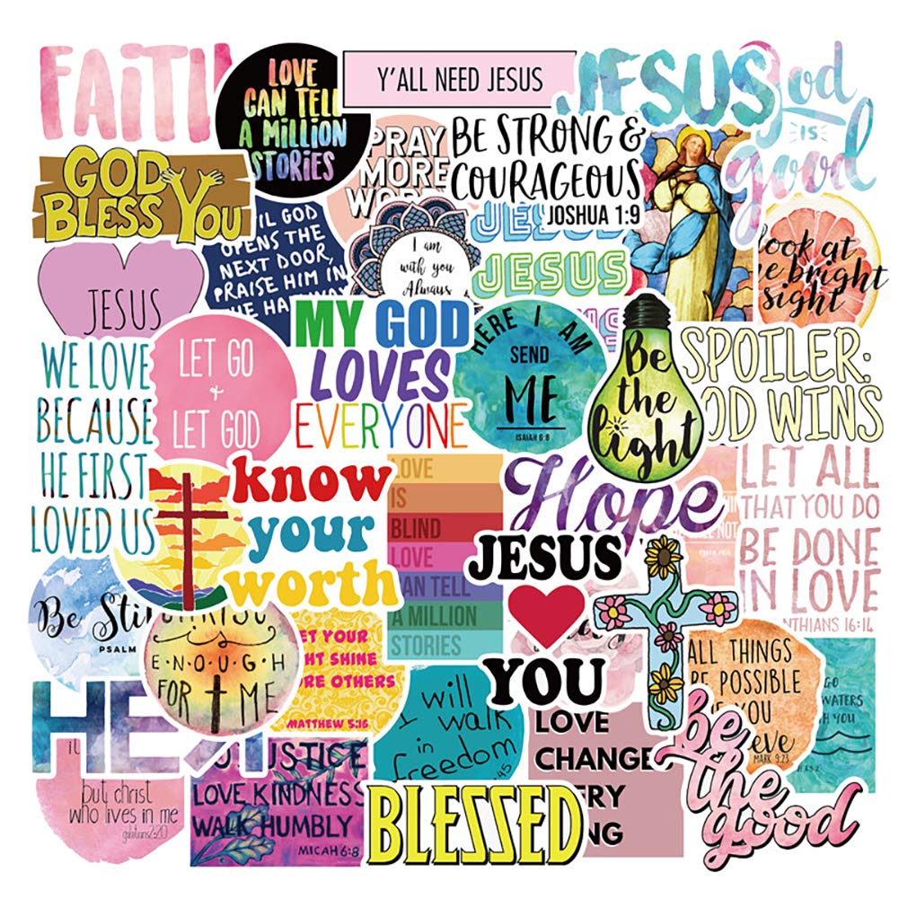 50pcs Christian Stickers - Jesus Faith Decals for Water Bottle, Laptop, Car