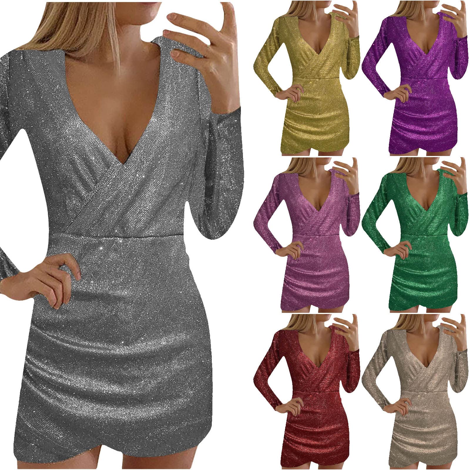 Jsarle Women's Sexy Deep V Neck Long Sleeve Bodycon Party Dress - Elegant Slim Fit Wedding Guest Dress with Bag Hip Design for Evening Events, Cocktail Parties & Formal Occasions