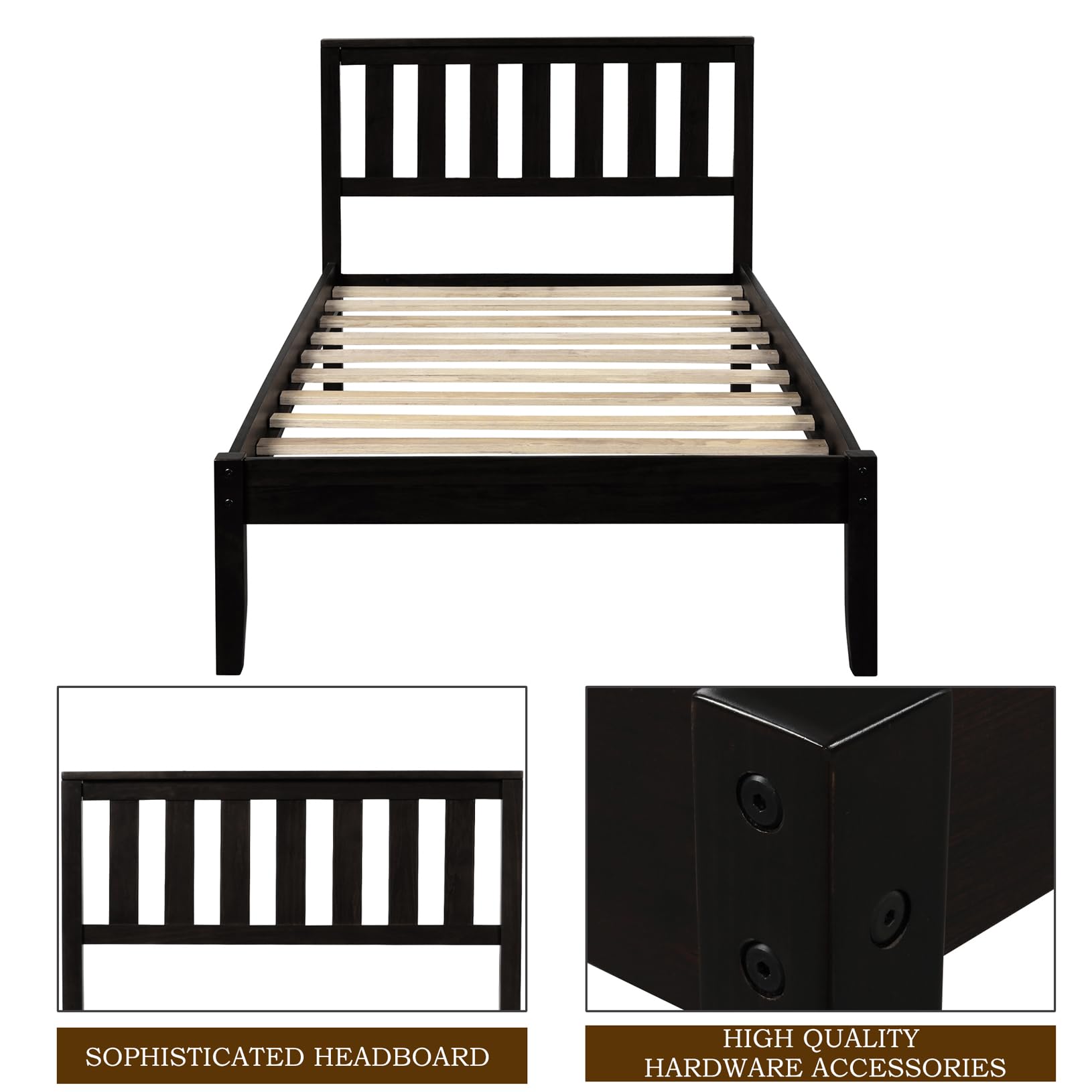 **Twin Size Solid Wood Platform Bed Frame with Headboard - Modern Simple Design, Sturdy Salt Support, Noise-Free for Bedroom - Ideal for Boys, Girls, Adults & Teens - Under Bed Storage - Espresso Finish - Perfect for Small Spaces, Guest Rooms & Kids' Bedrooms**