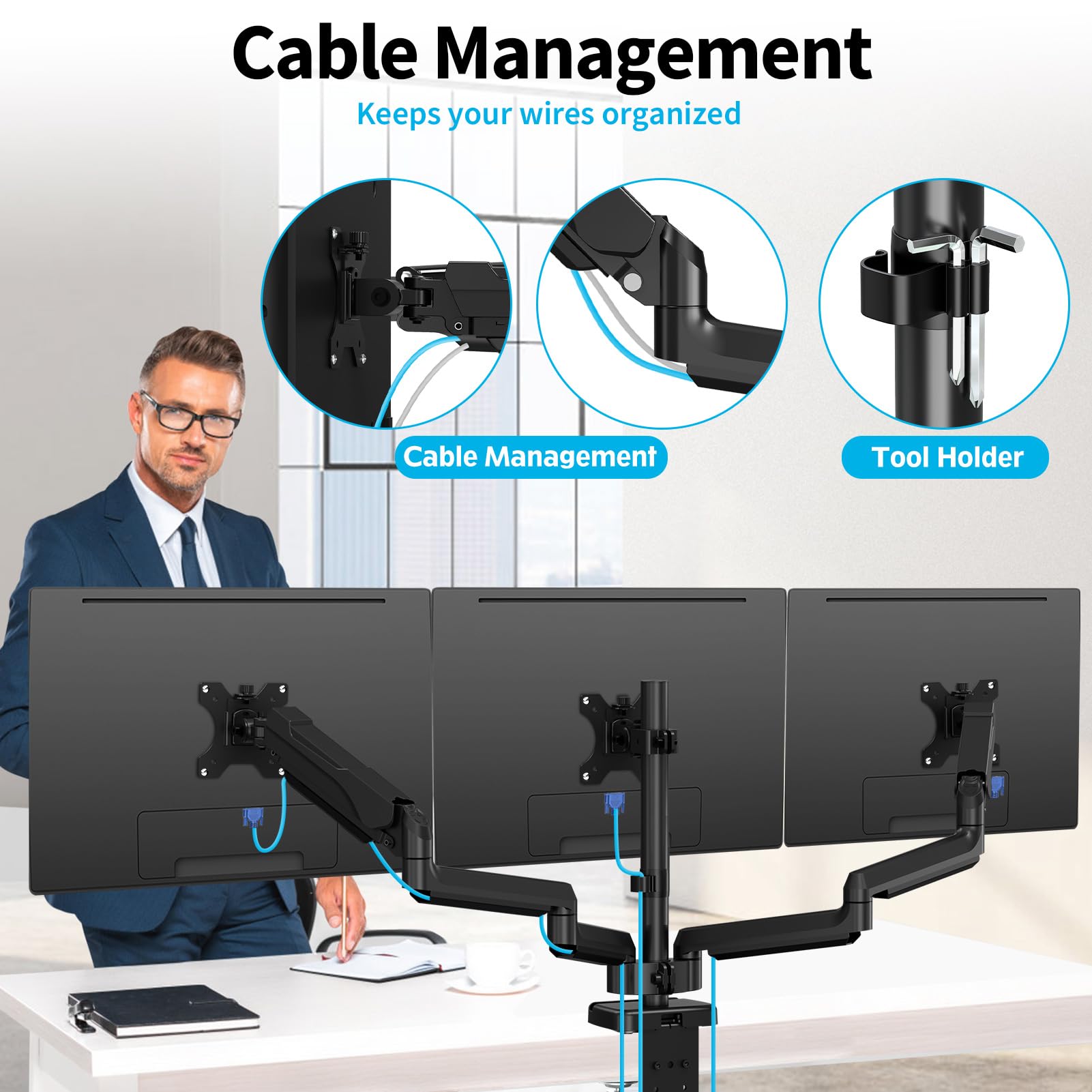 MOUNTUP Triple Monitor Stand for 17-32 Inch Screens - Full Motion Adjustable Gas Spring 3-Arm Desk Mount (Holds 19.8 lbs Each) with Clamp & Grommet Mounting - Black - Perfect for Gaming, Office Work & Multi-Tasking Setup