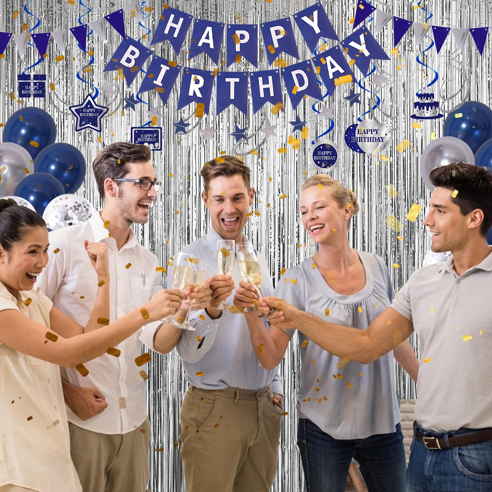 Blue Birthday Party Decorations for Men & Women - Bunting Banner, Fringe Curtains, Hanging Swirls & Tablecloth Set | Perfect for Adult Birthday Celebrations, Office Parties & Gender Reveal Events