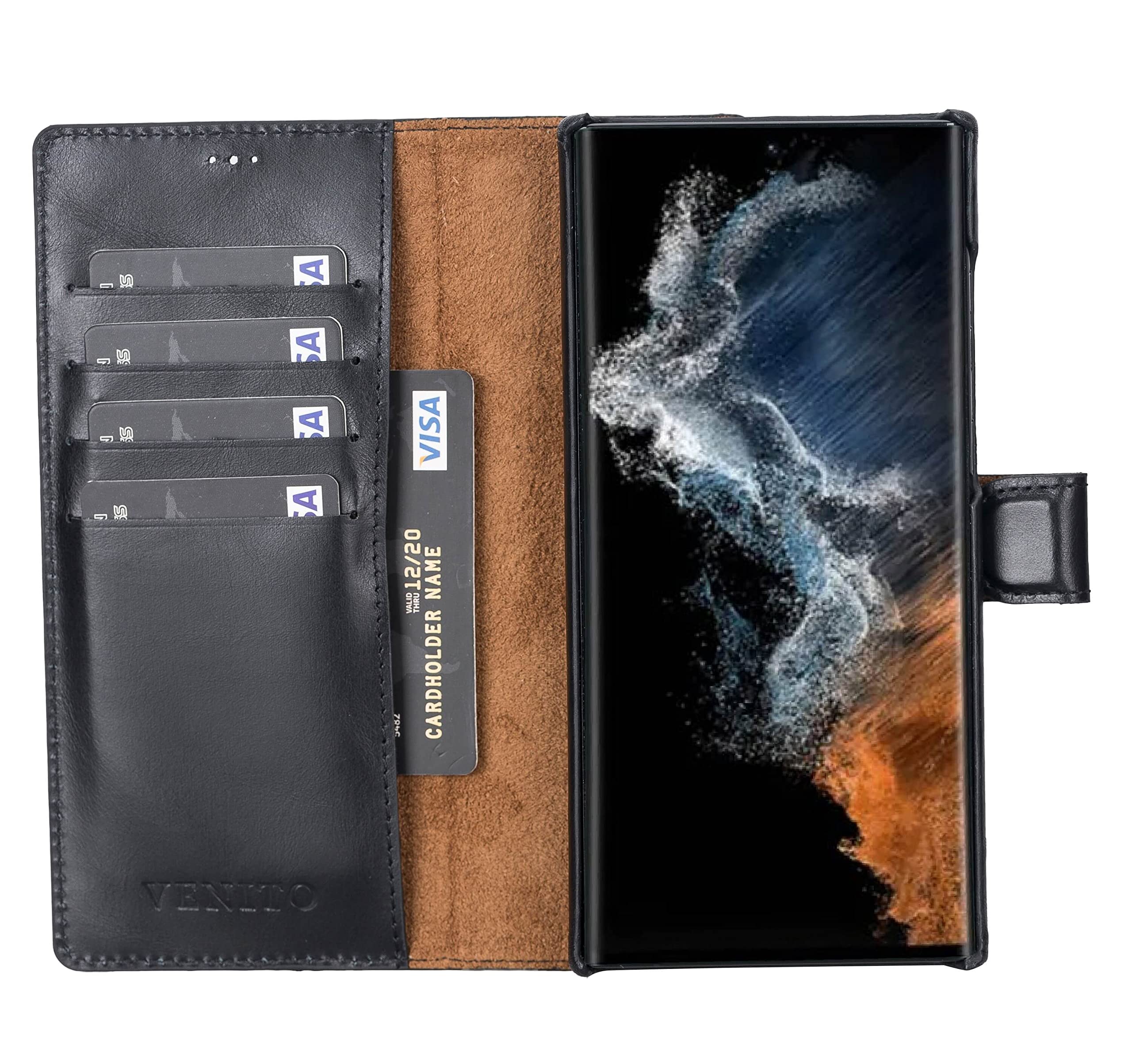 Venito Florence Genuine Leather Wallet Phone Case for Samsung Galaxy S22 Ultra - RFID Blocking for Security - Detachable Wallet with Card Slots - Perfect for Travel, Work & Everyday Use (Rustic Black)