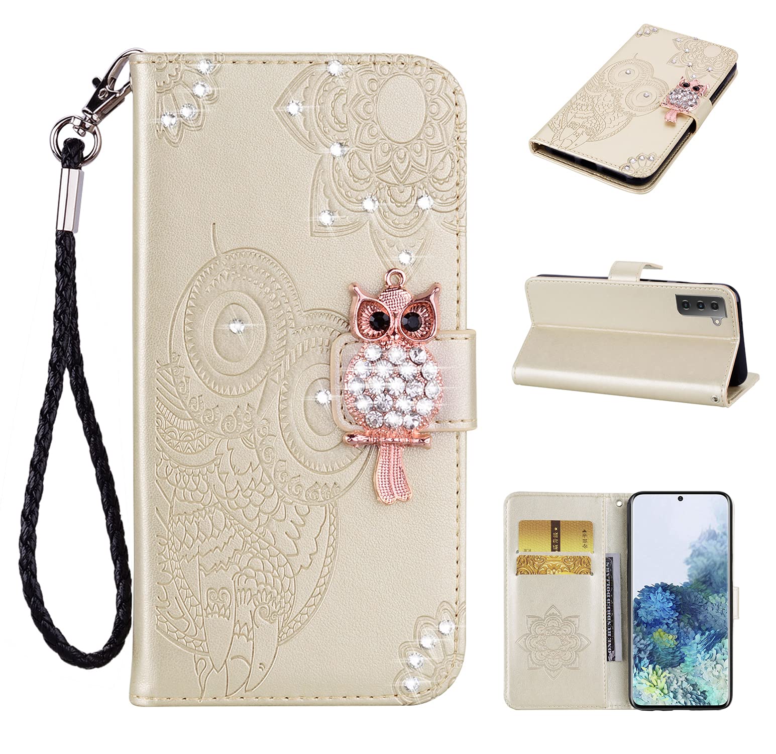 Samsung Galaxy S21 Case for Women - Glitter Bling Diamond PU Leather Wallet Phone Cover with Wrist Strap, Full Body Protective Flip Case (Owl Gold) | Perfect for Everyday Use, Travel & Gift Giving
