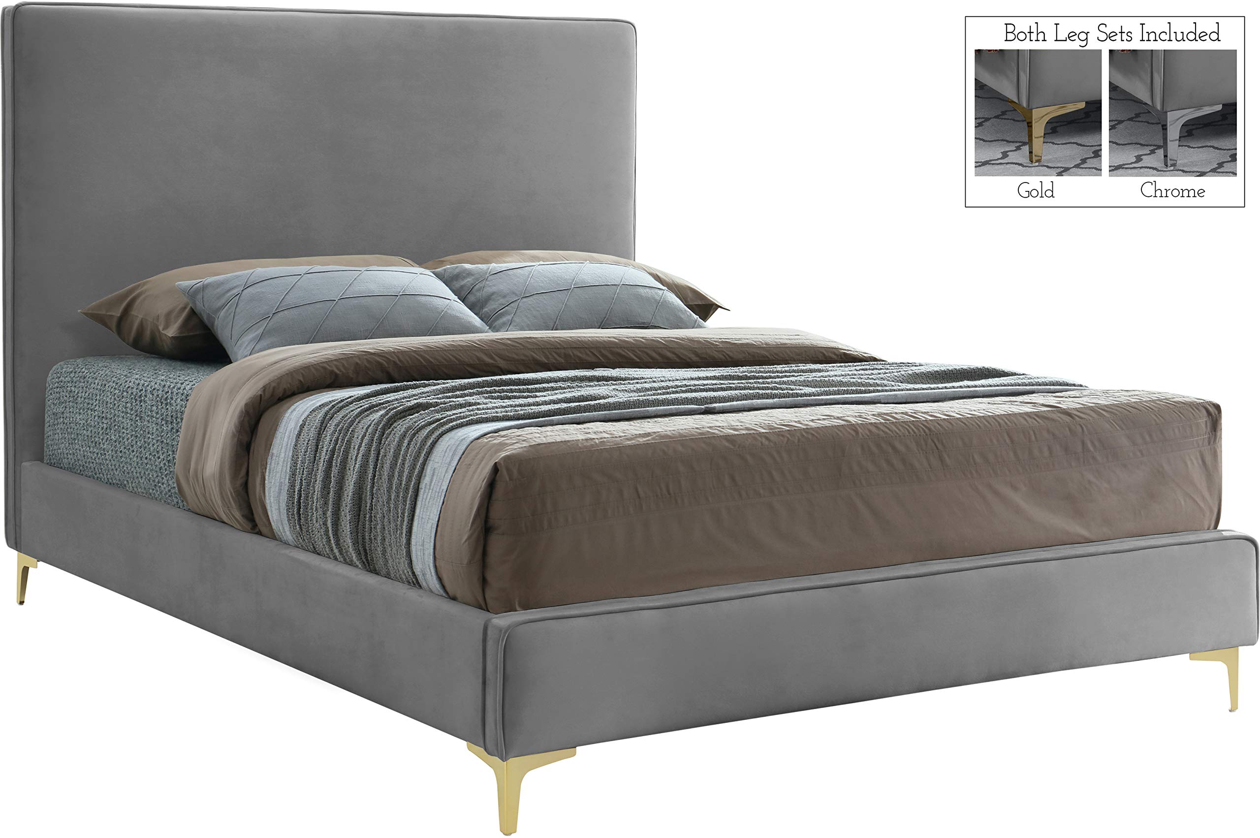 Modern Velvet Upholstered Bed with Gold/Chrome Finish - Full Size Grey Platform Bed with Tufted Headboard | Contemporary Bedroom Furniture for Master Bedroom, Guest Room & Apartment